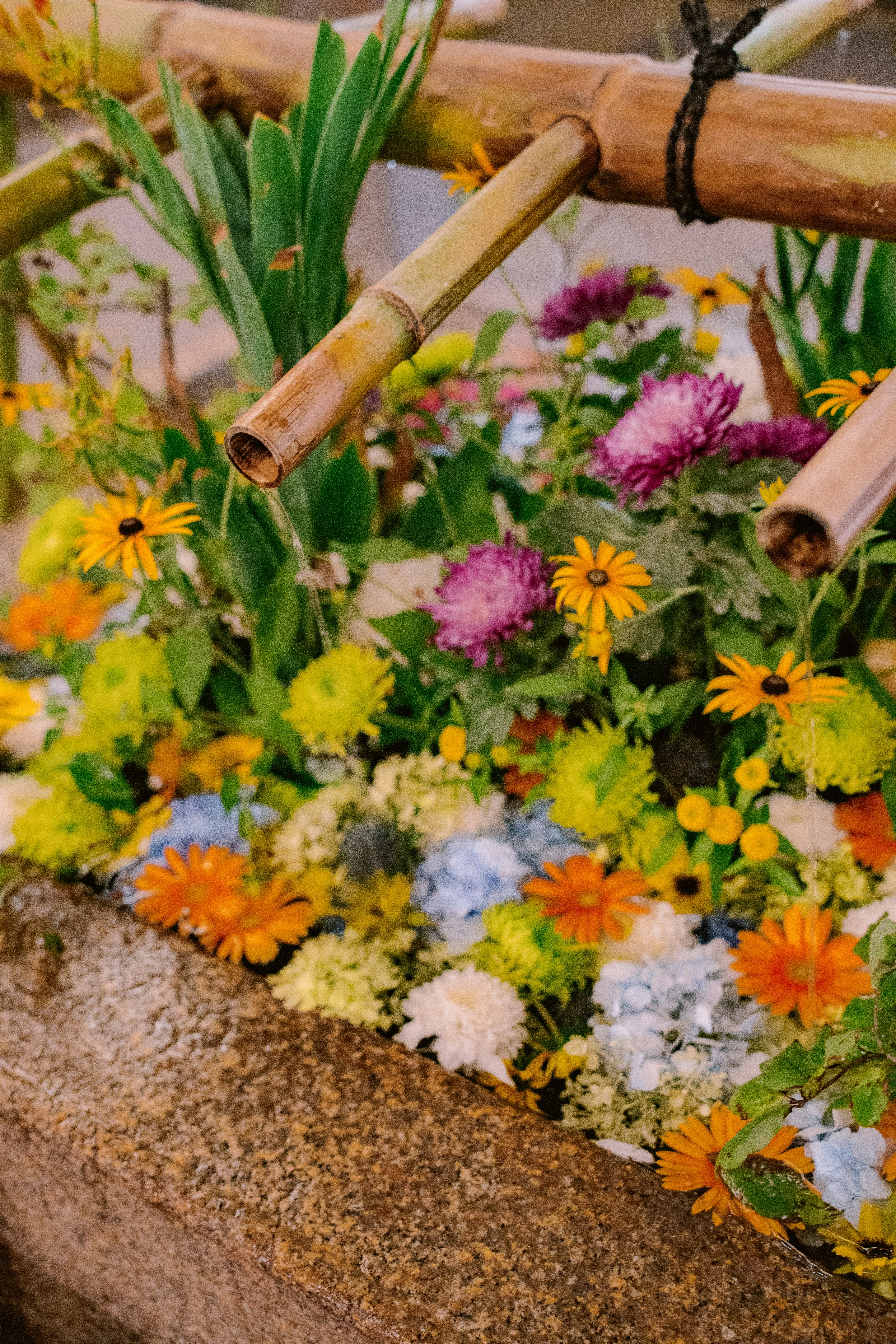 Colorful flowers fill a stone basin with bamboo spouts.