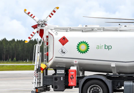 Air bp fuel truck with a rear safety propeller.