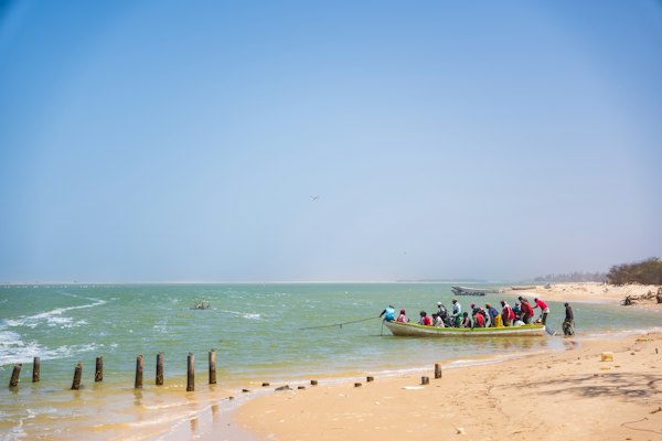 Boats in the shallows off the beach — Sine-Saloum Delta, Senegal