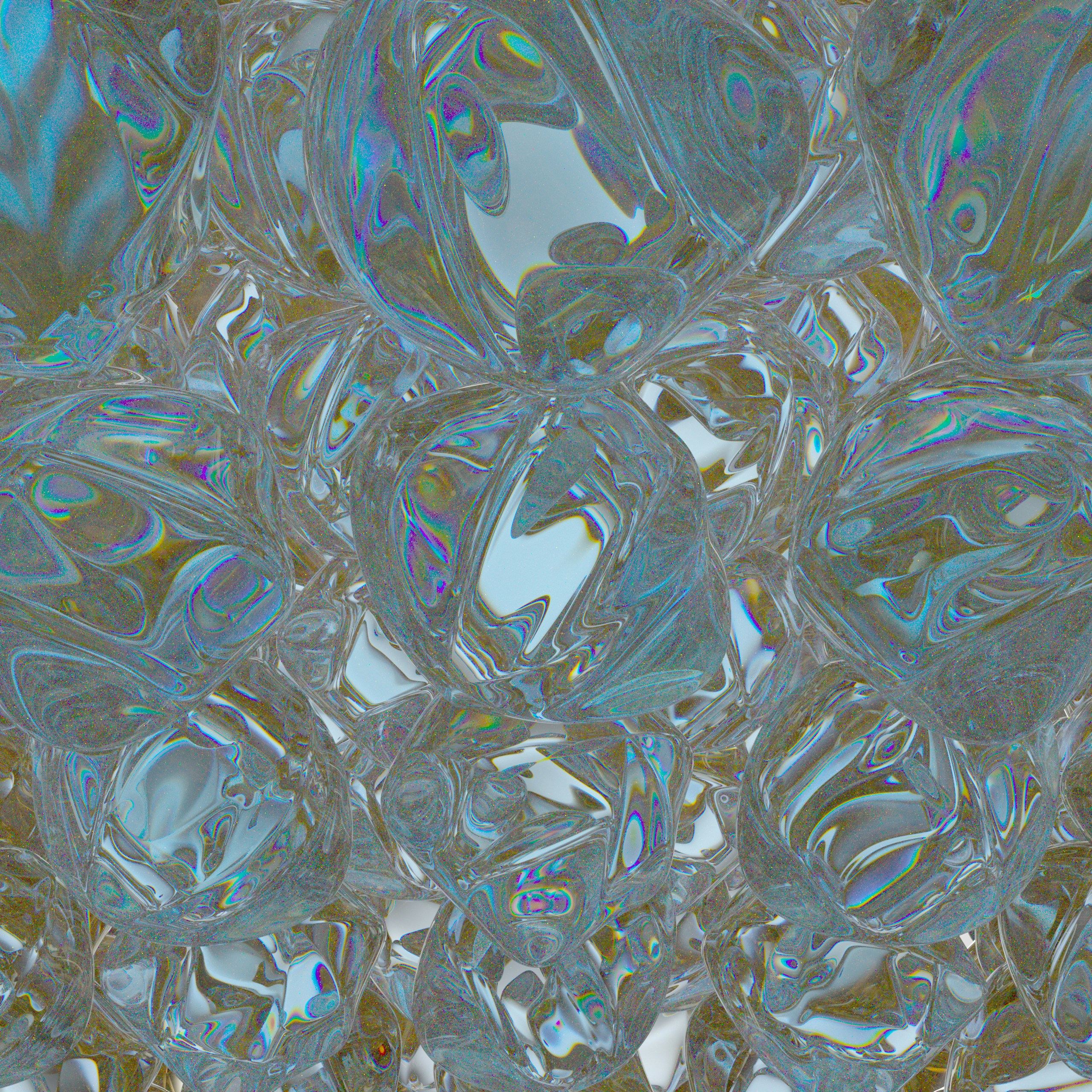 Abstract background of clear, iridescent, bubble-like spheres.