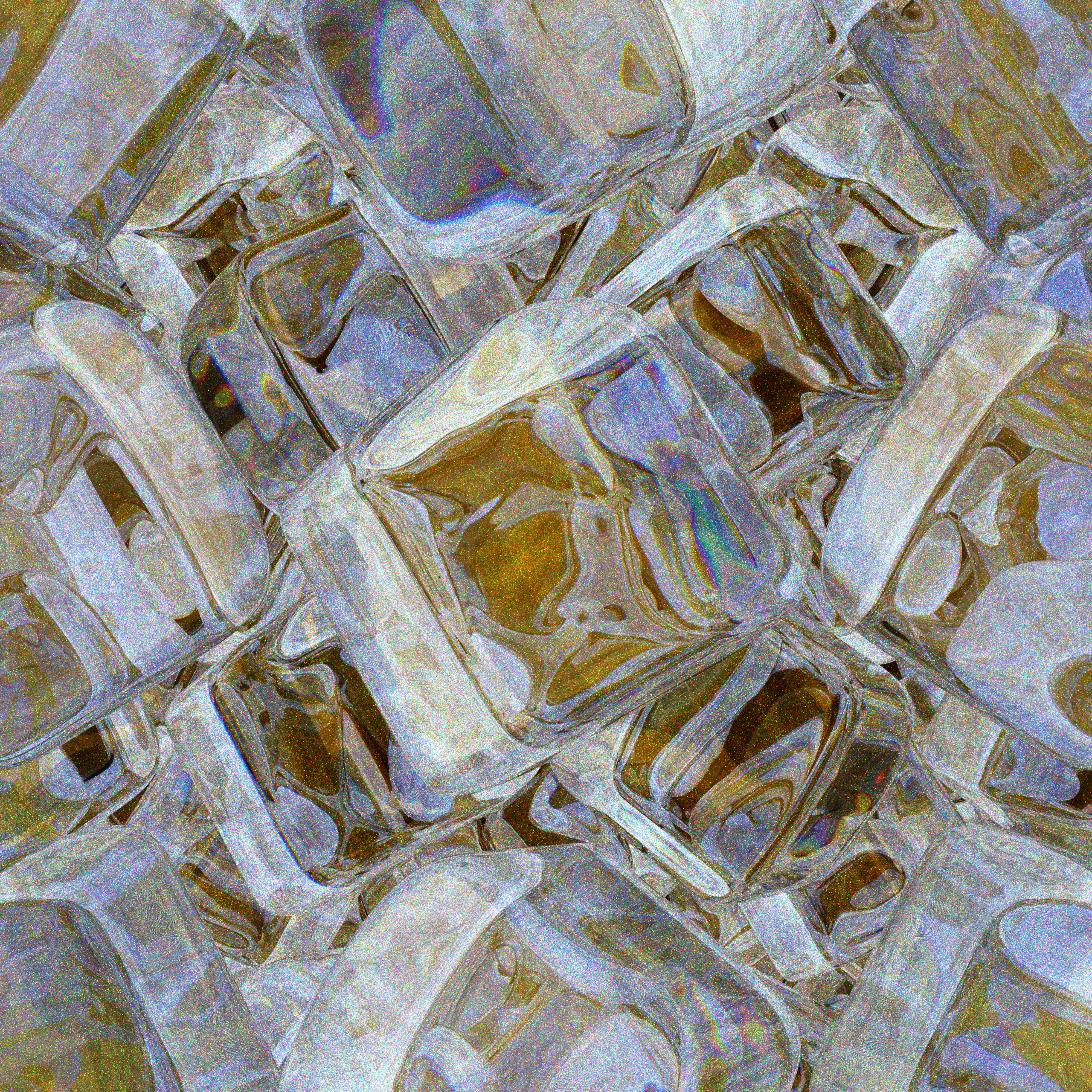 A pile of ice cubes with colorful reflections.