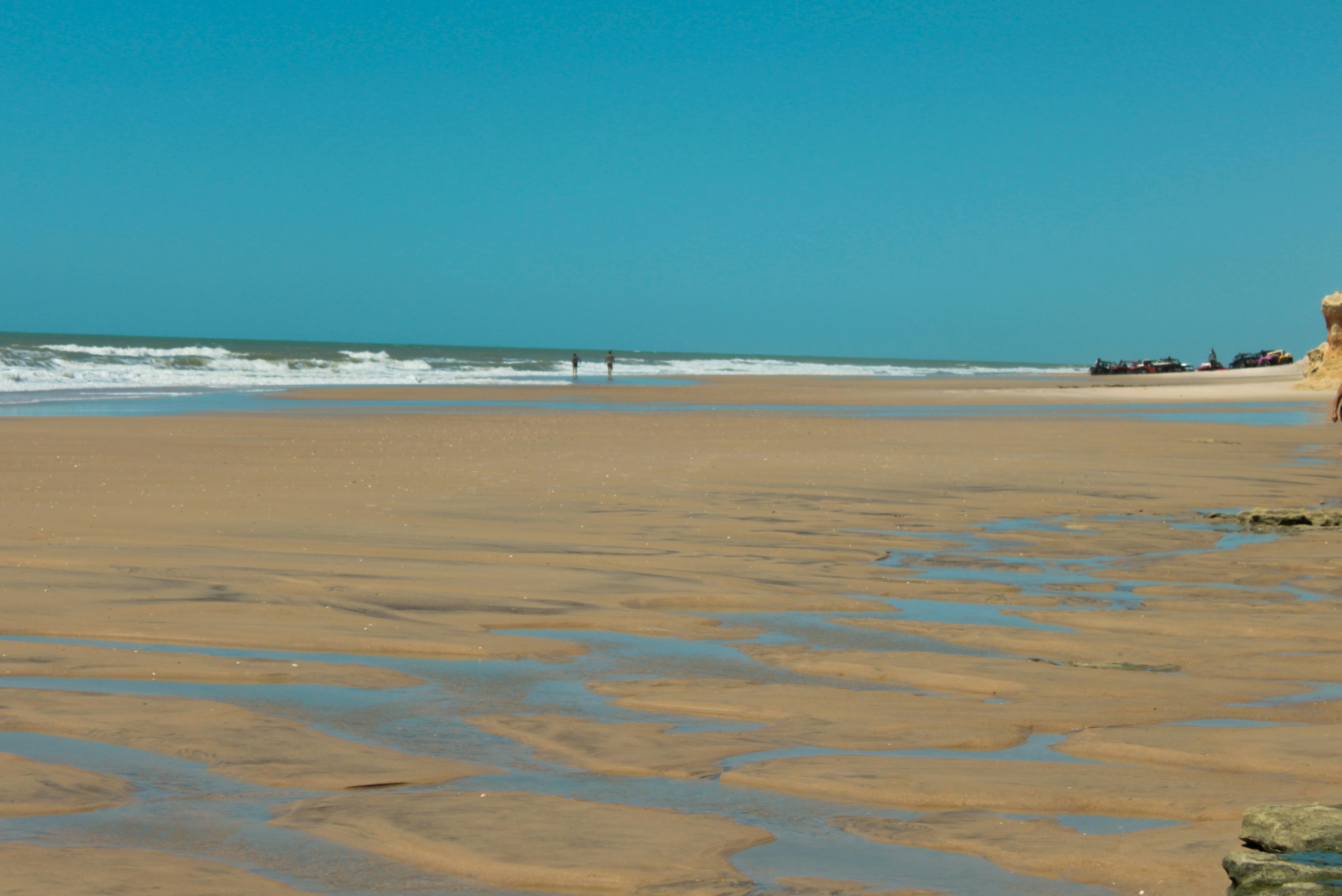 Sandy beach, ocean waves, and clear blue sky.