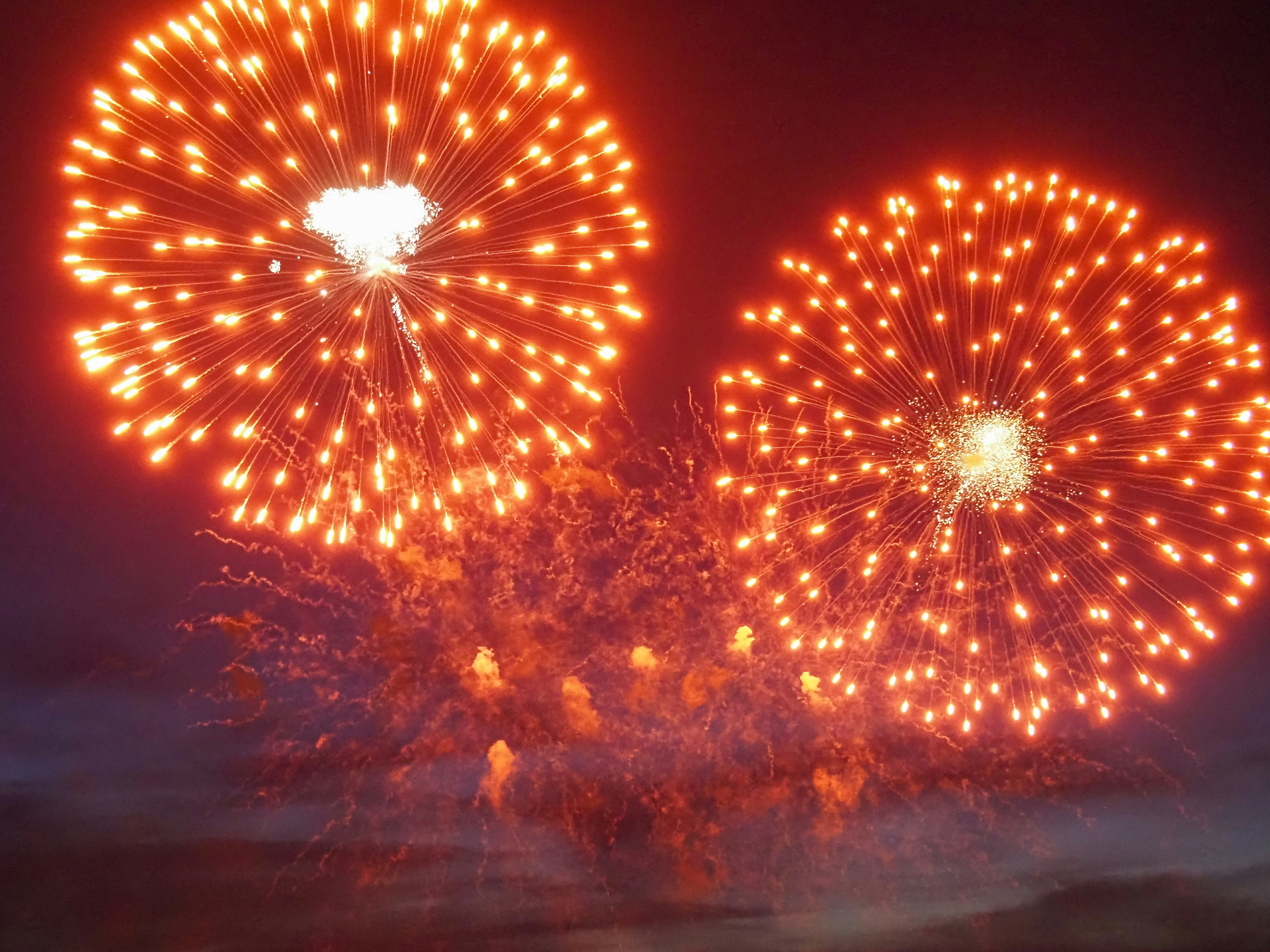 Two vibrant orange fireworks explode against a dark night sky.