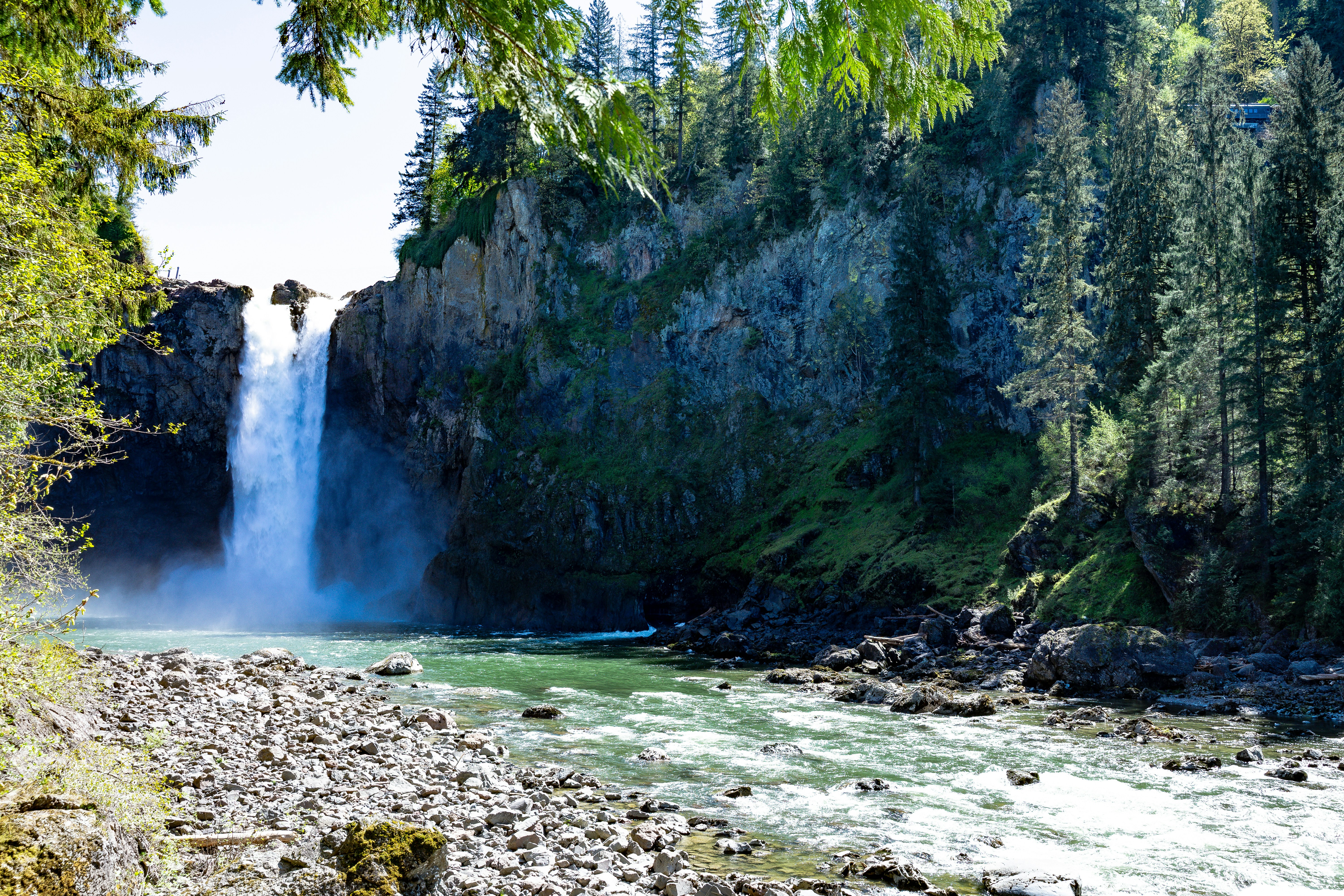 Powerful waterfall plunges into a river surrounded by dense forest.