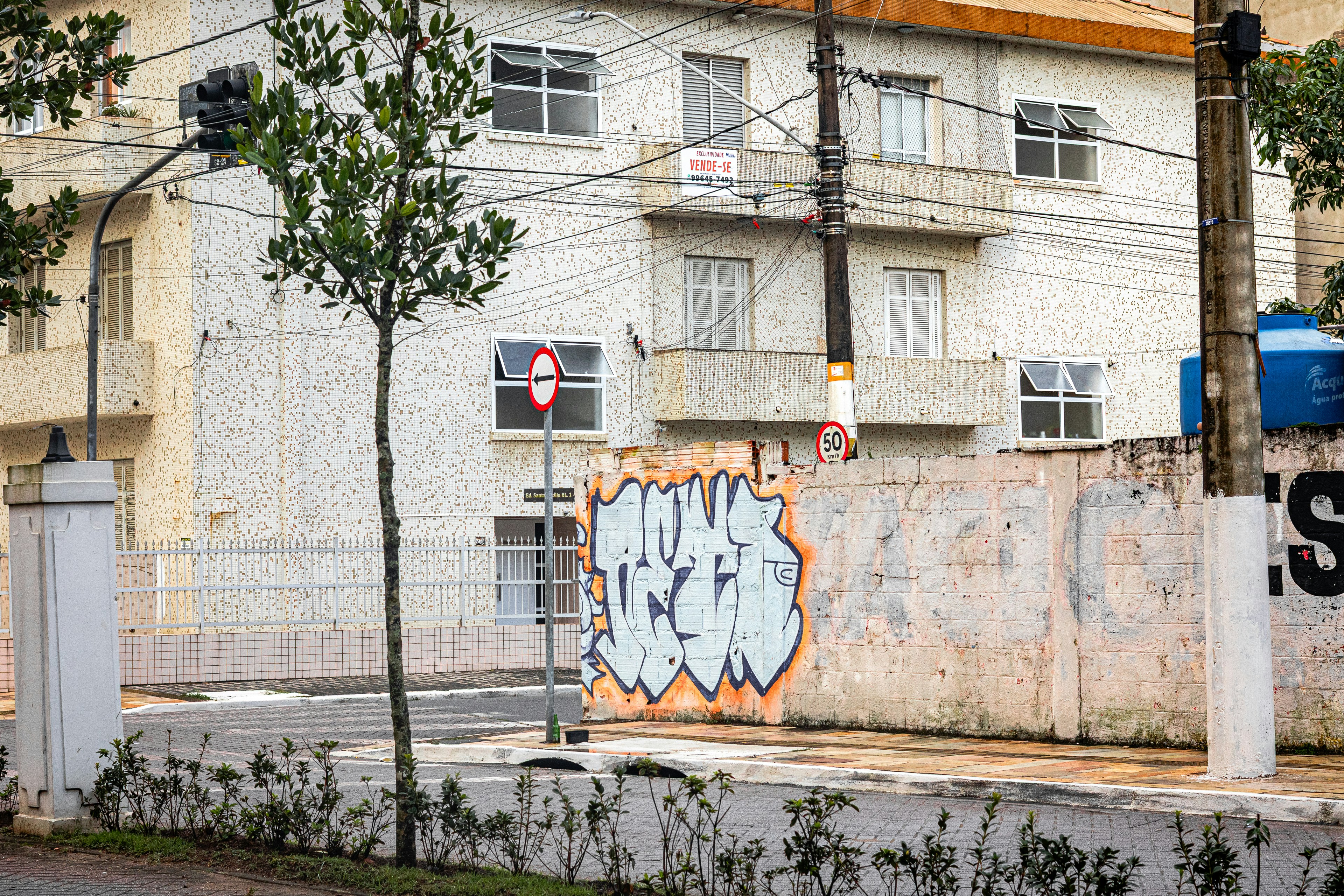 White building, graffiti wall, small tree, and utility poles.