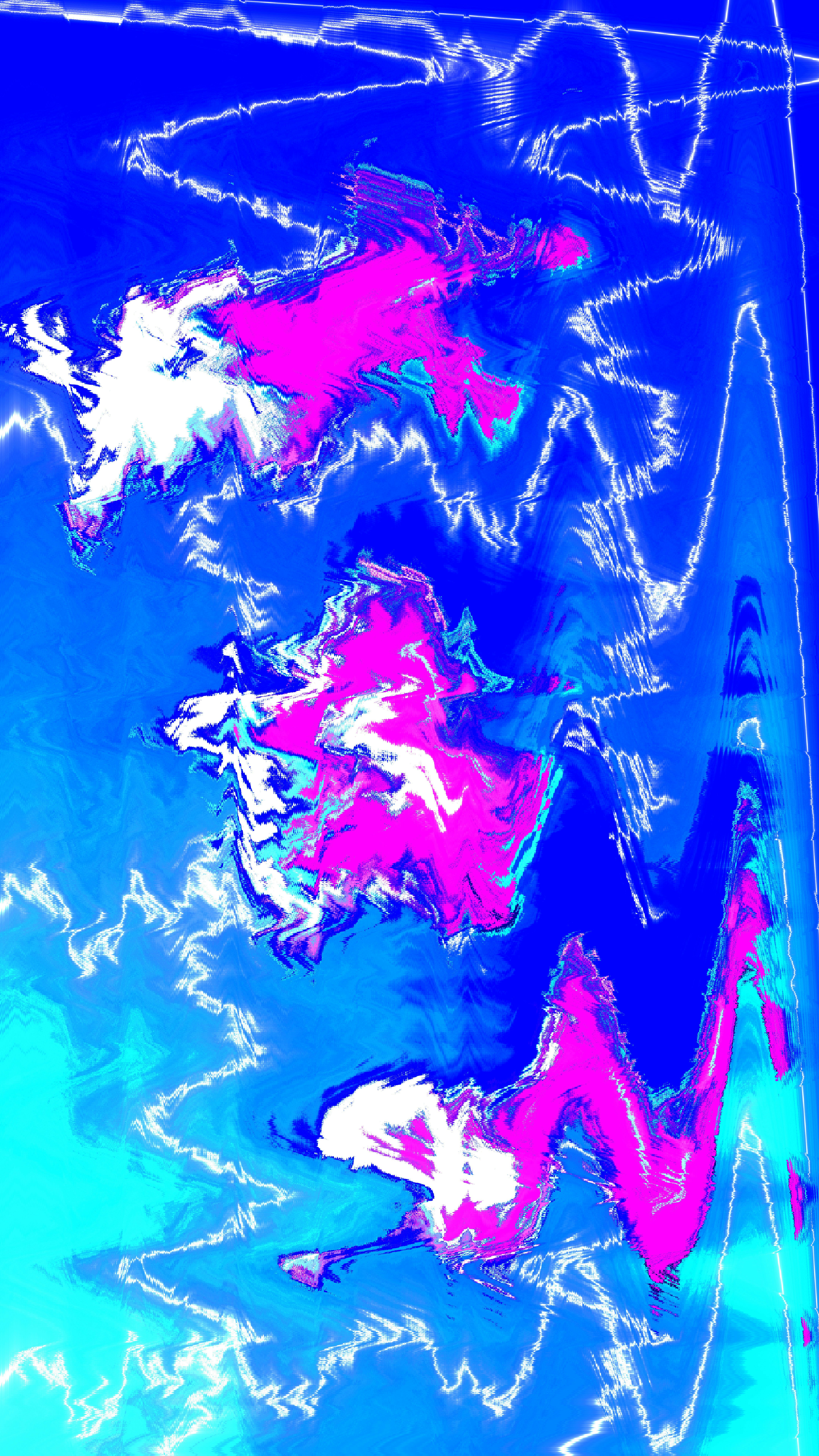 Abstract blue and pink art with dynamic wavy white lines.