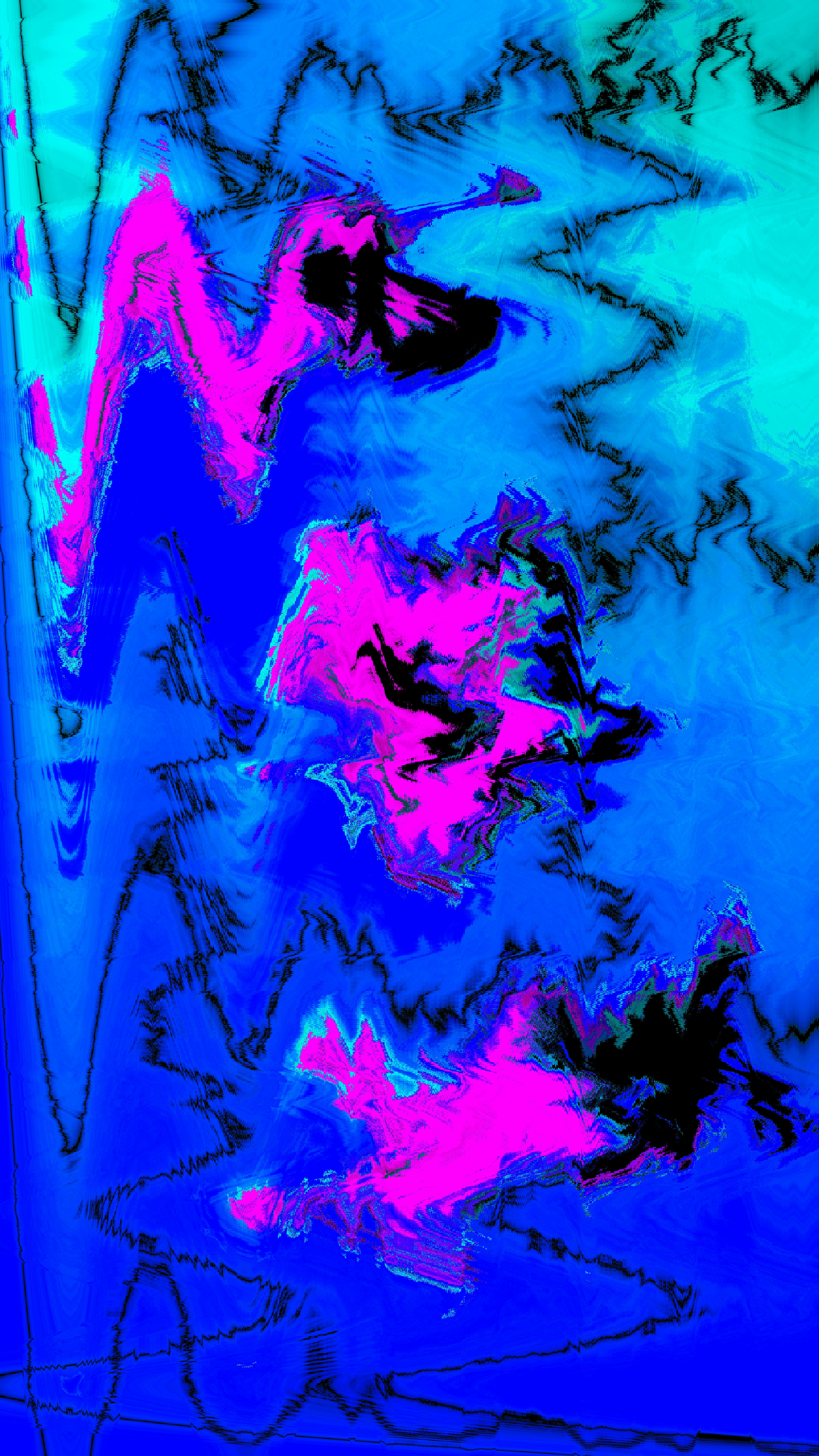 Abstract art with vibrant blue, pink, and black distorted patterns.