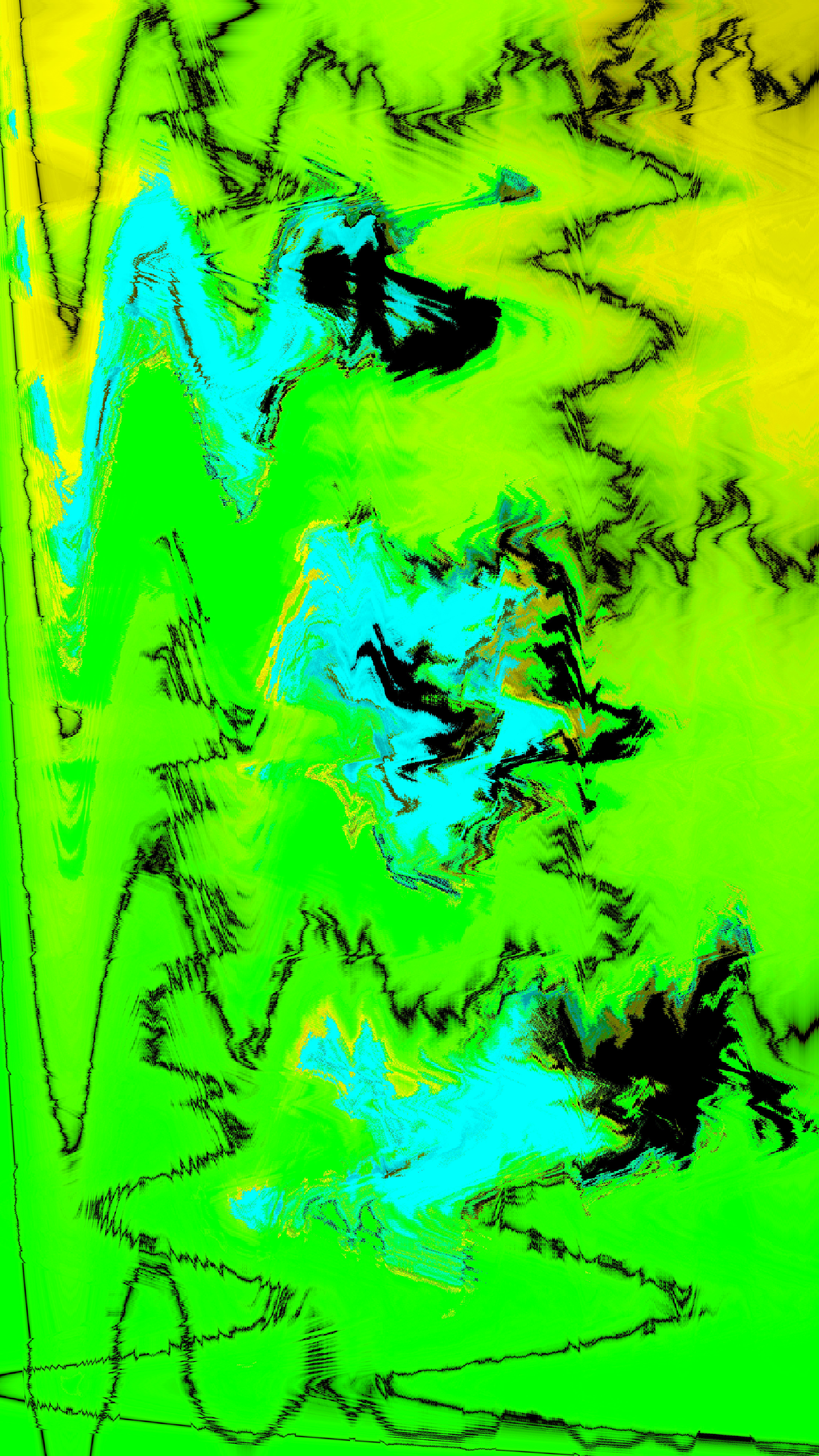 Vibrant abstract art with green, yellow, blue, and black lines.