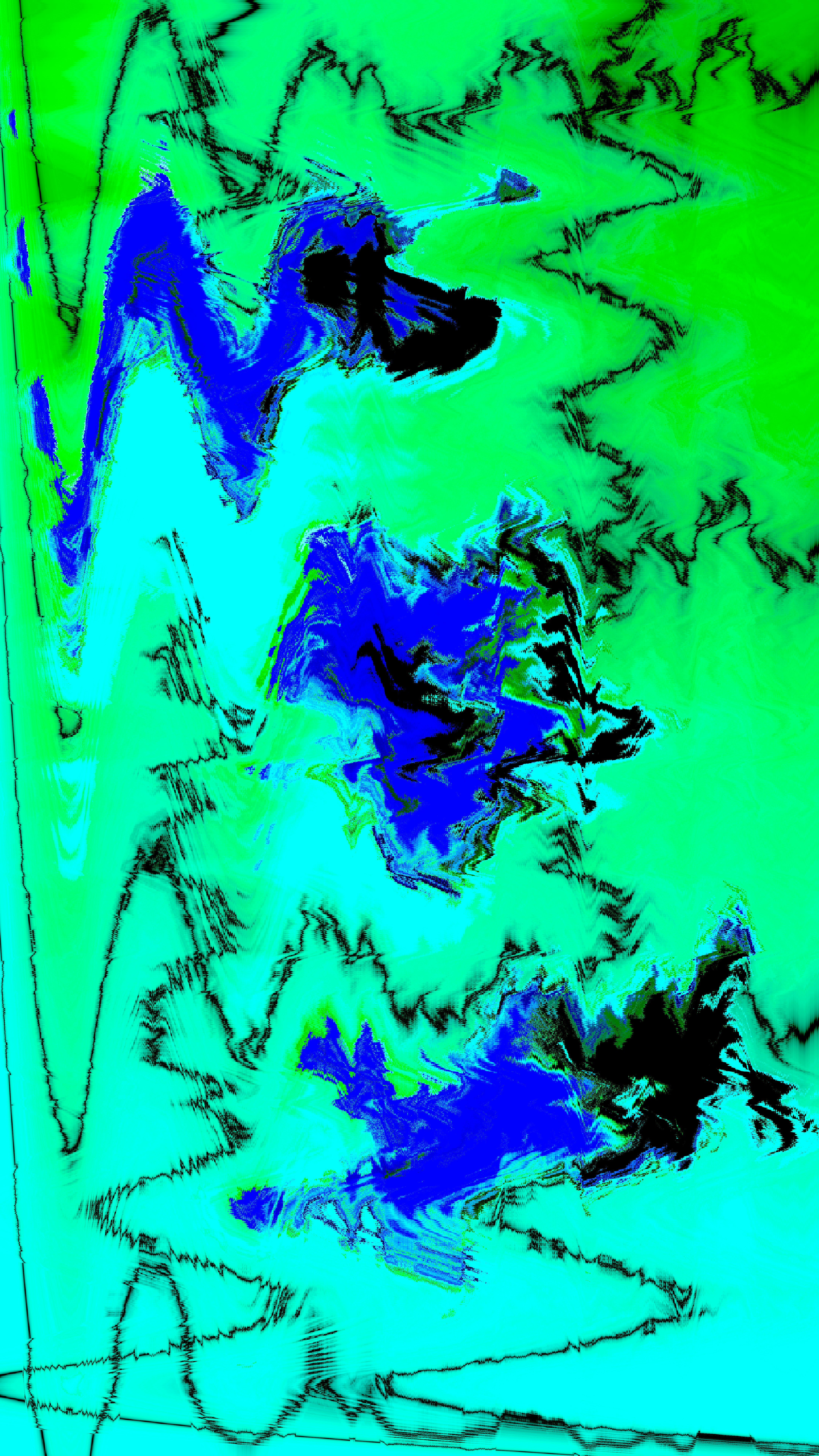 Abstract digital art with vibrant green, blue, and black distortions.