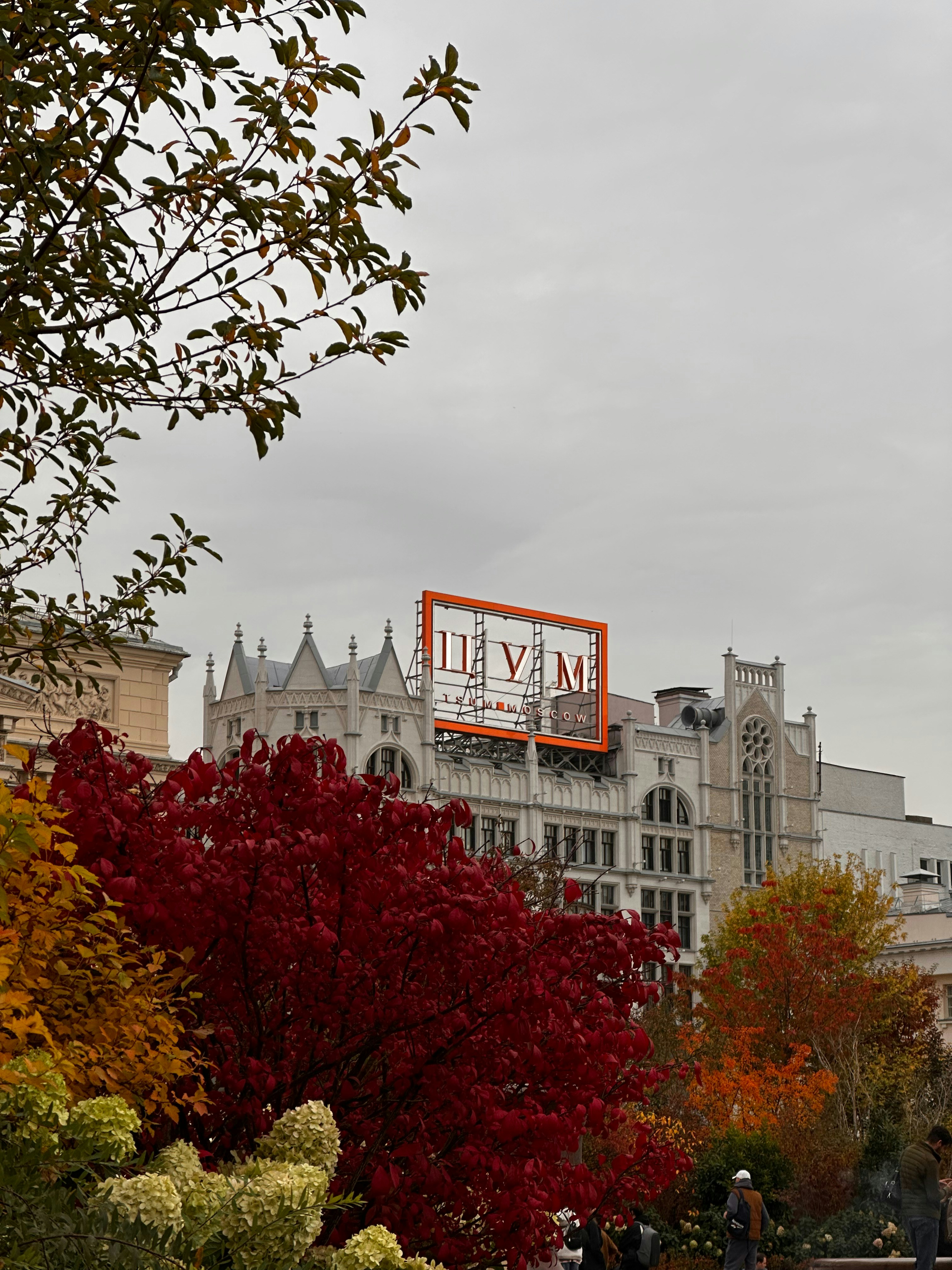 Vibrant autumn foliage frames a historic building with a billboard.