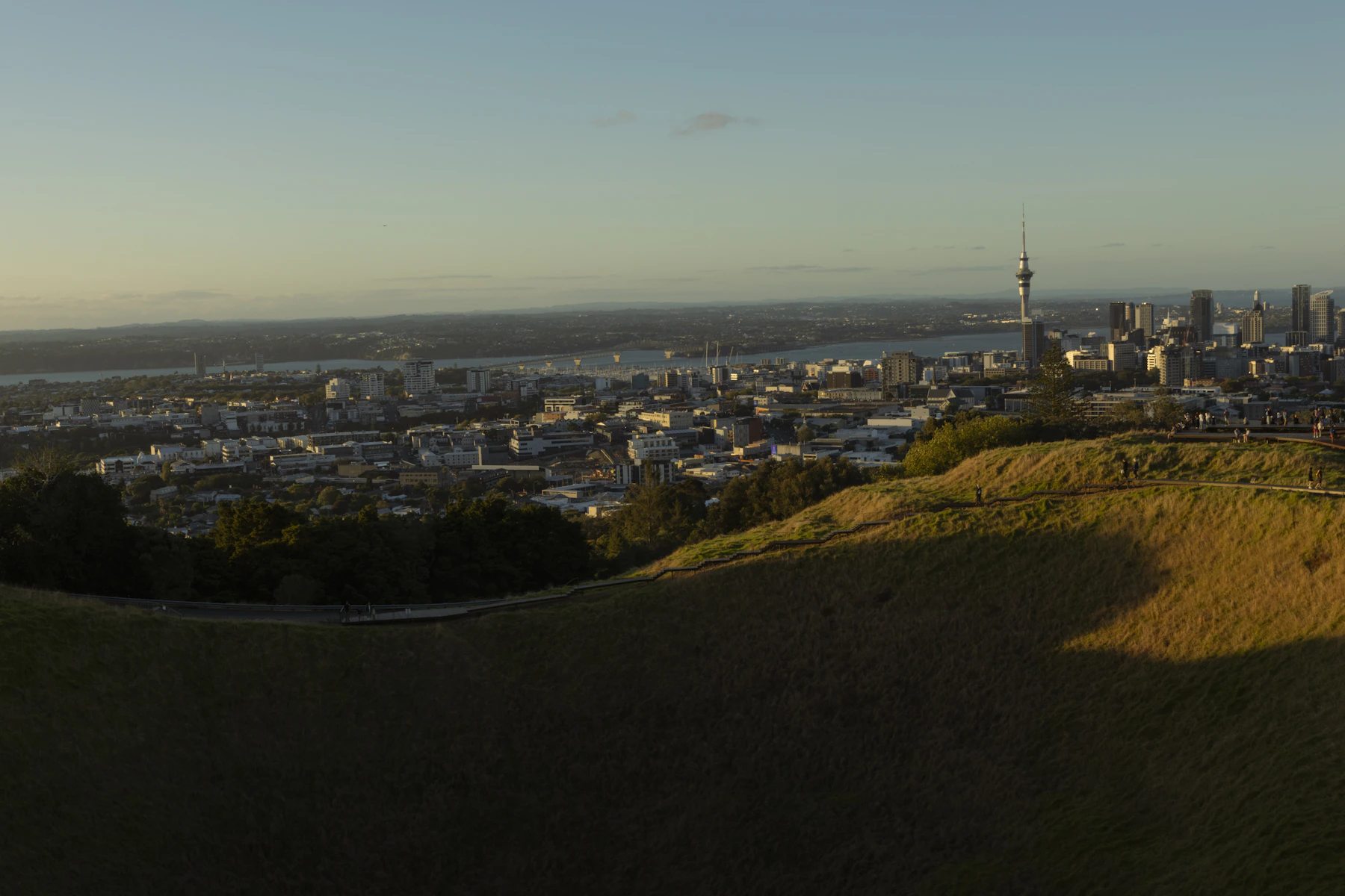 Auckland skyline and harbour seen from Maungawhau Mount Eden at sunset