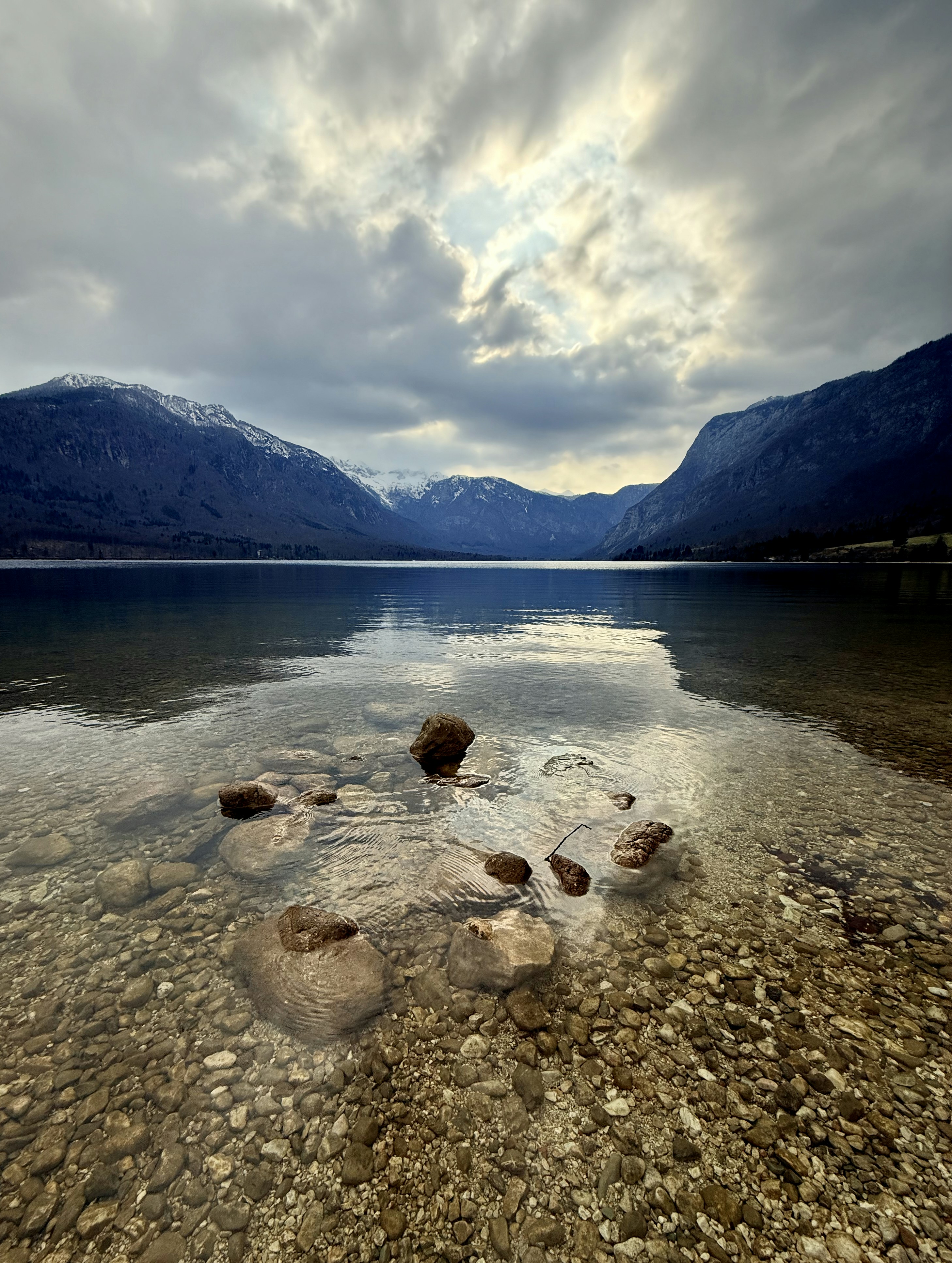 Clear lake with rocks, dark mountains, and cloudy sky.