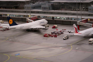 Model airplanes and ground crew vehicles at a miniature airport.