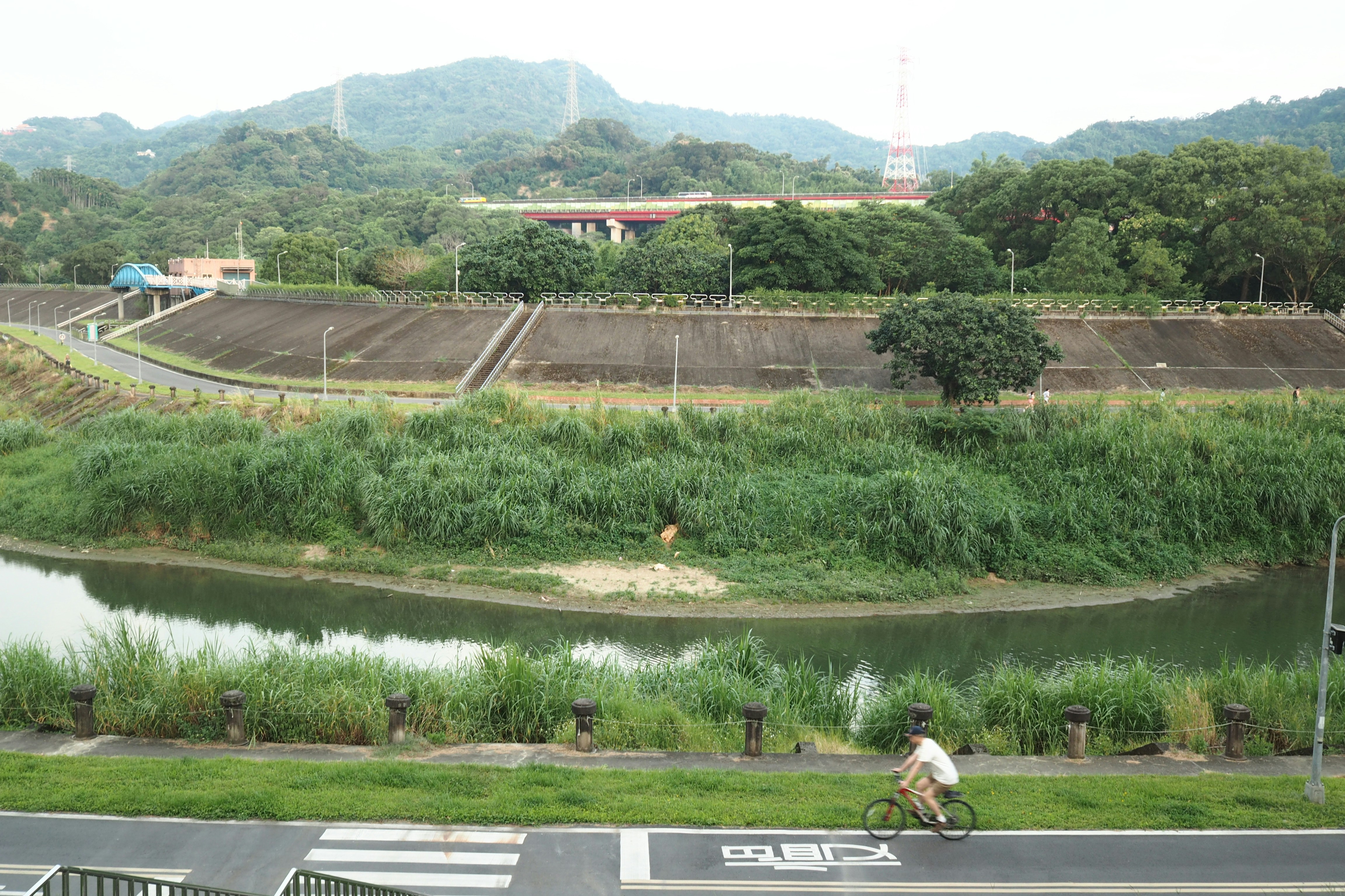 川沿いの道を走る自転車のイメージ画像