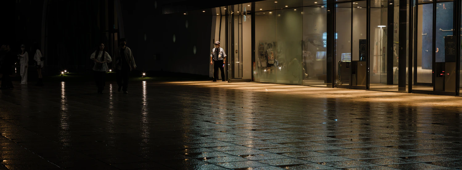 Security officer checking a modern property at night