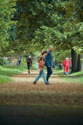 People walking on a tree-lined path with fallen leaves