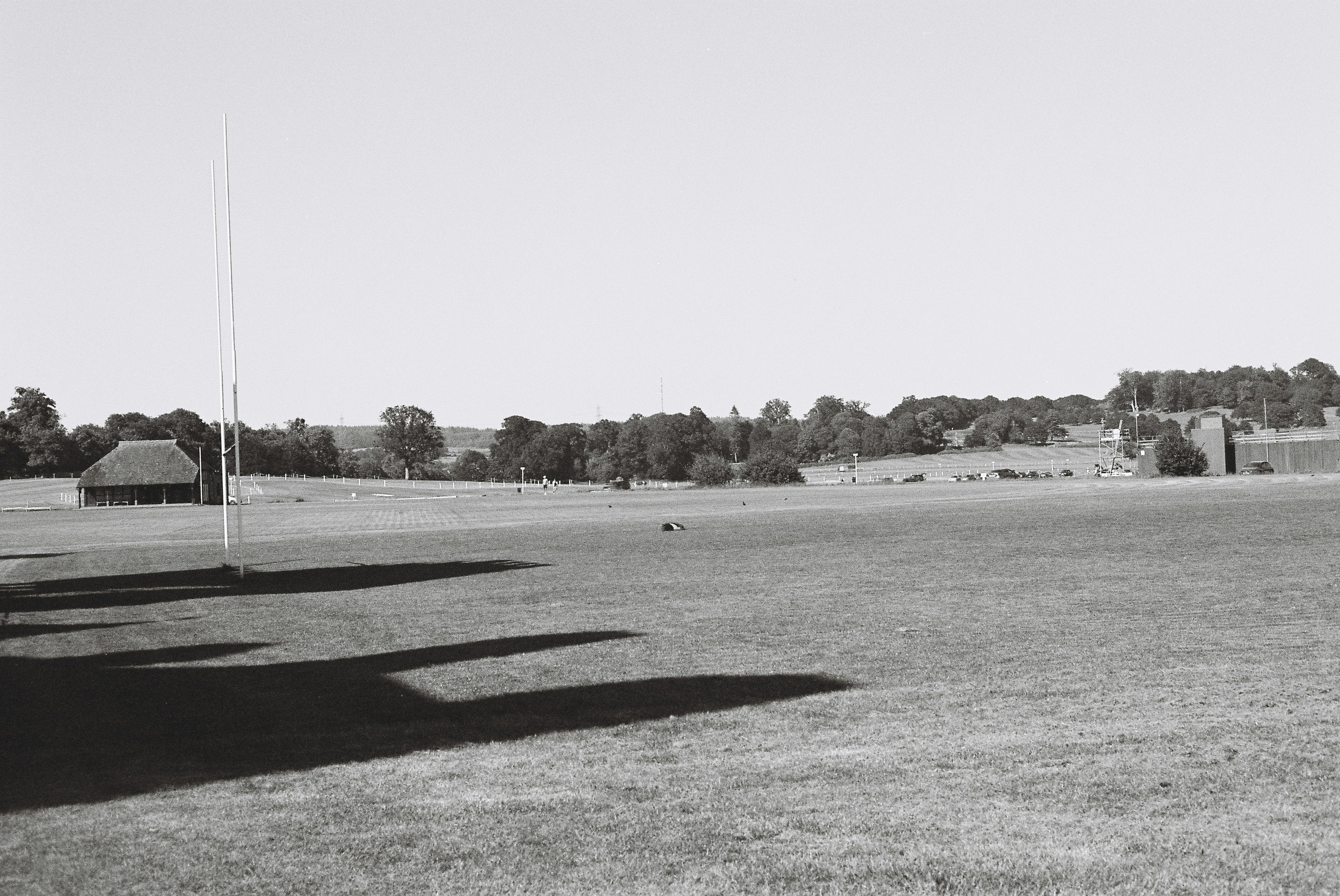 Grassy field with goalpost, distant buildings, and trees on horizon.
