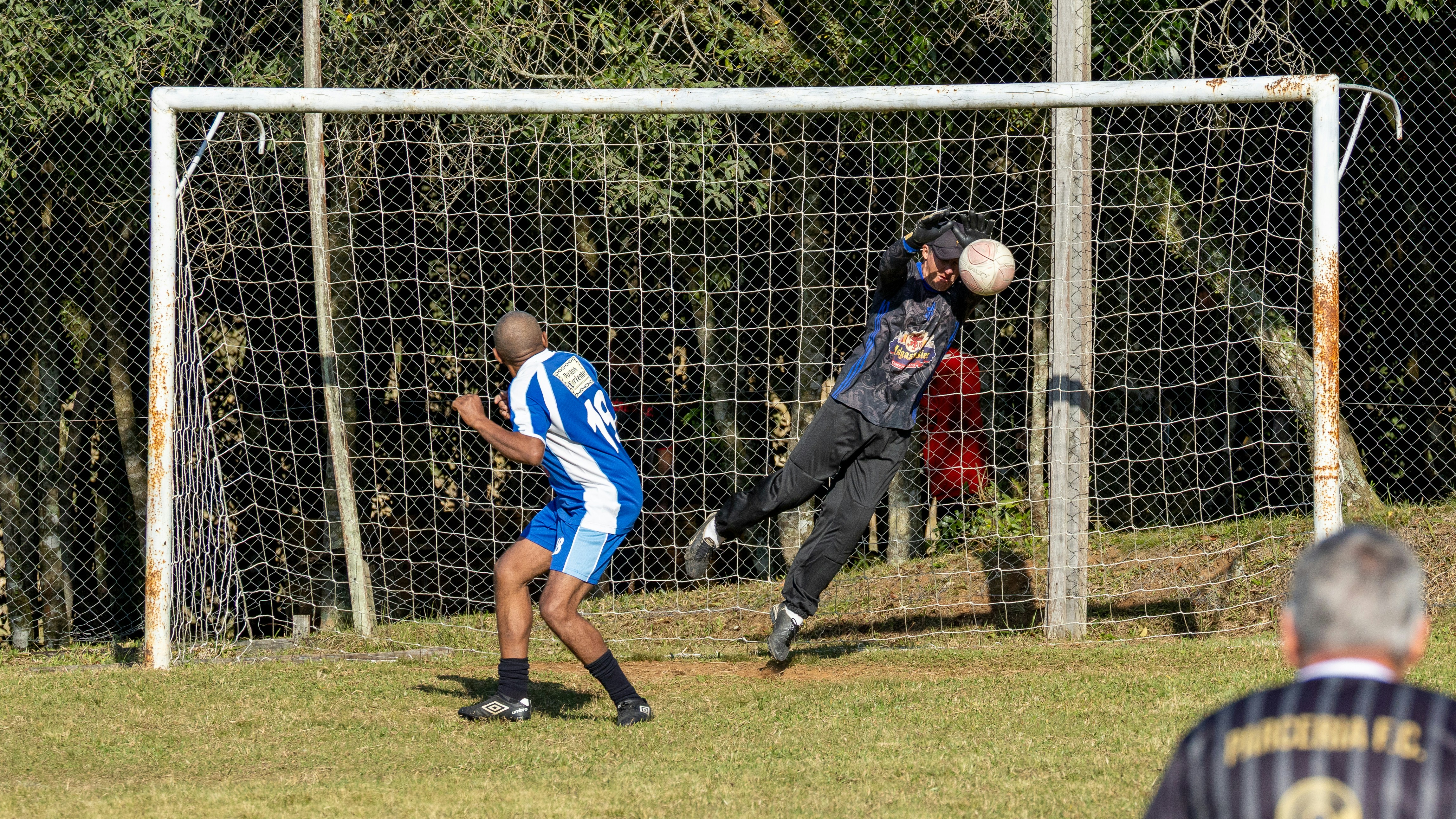 Goalkeeper leaps to save a soccer ball.