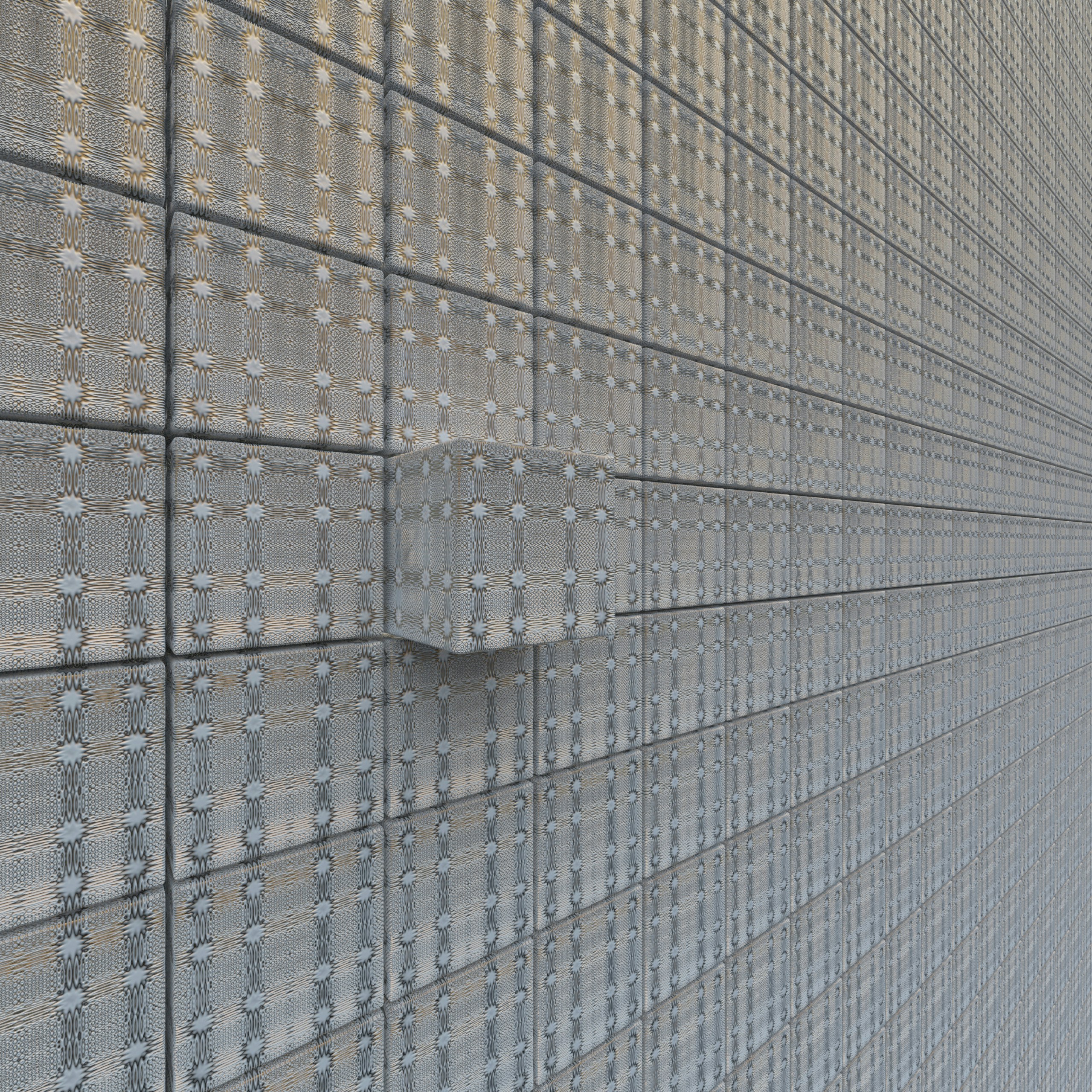 A textured grid of light gray cubes, one protruding.