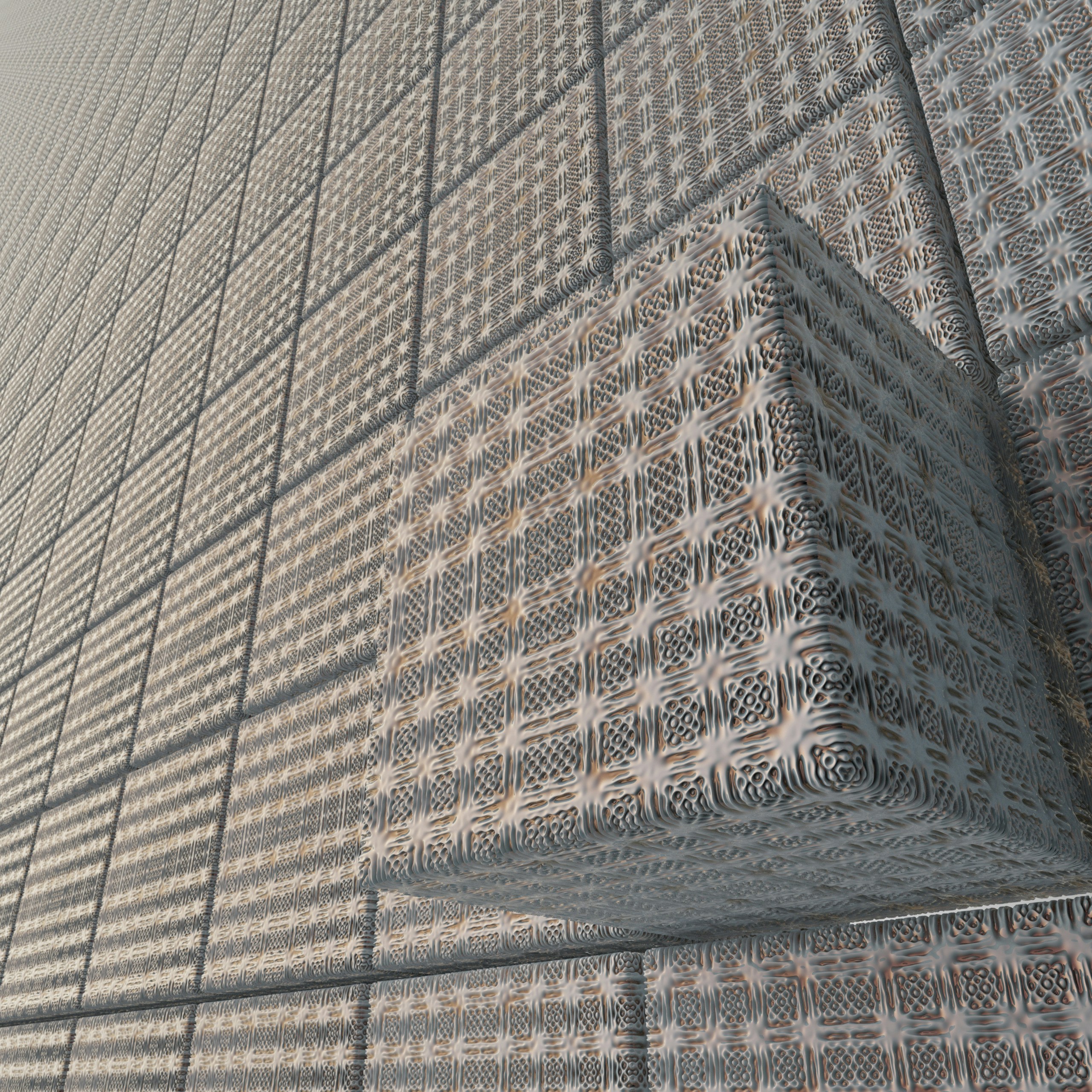 A textured cube rests on a patterned grid surface.