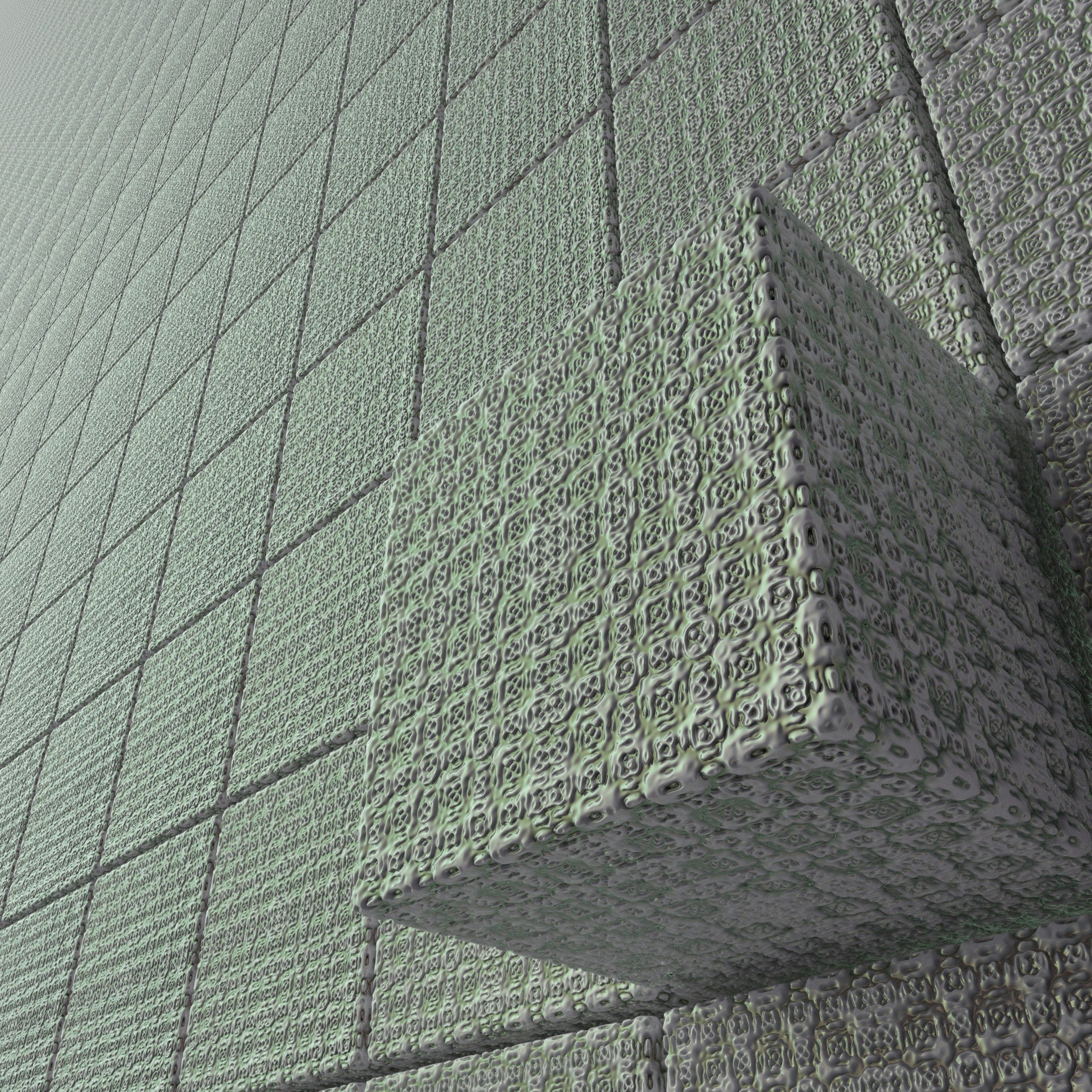 A textured cube protrudes from a patterned wall.