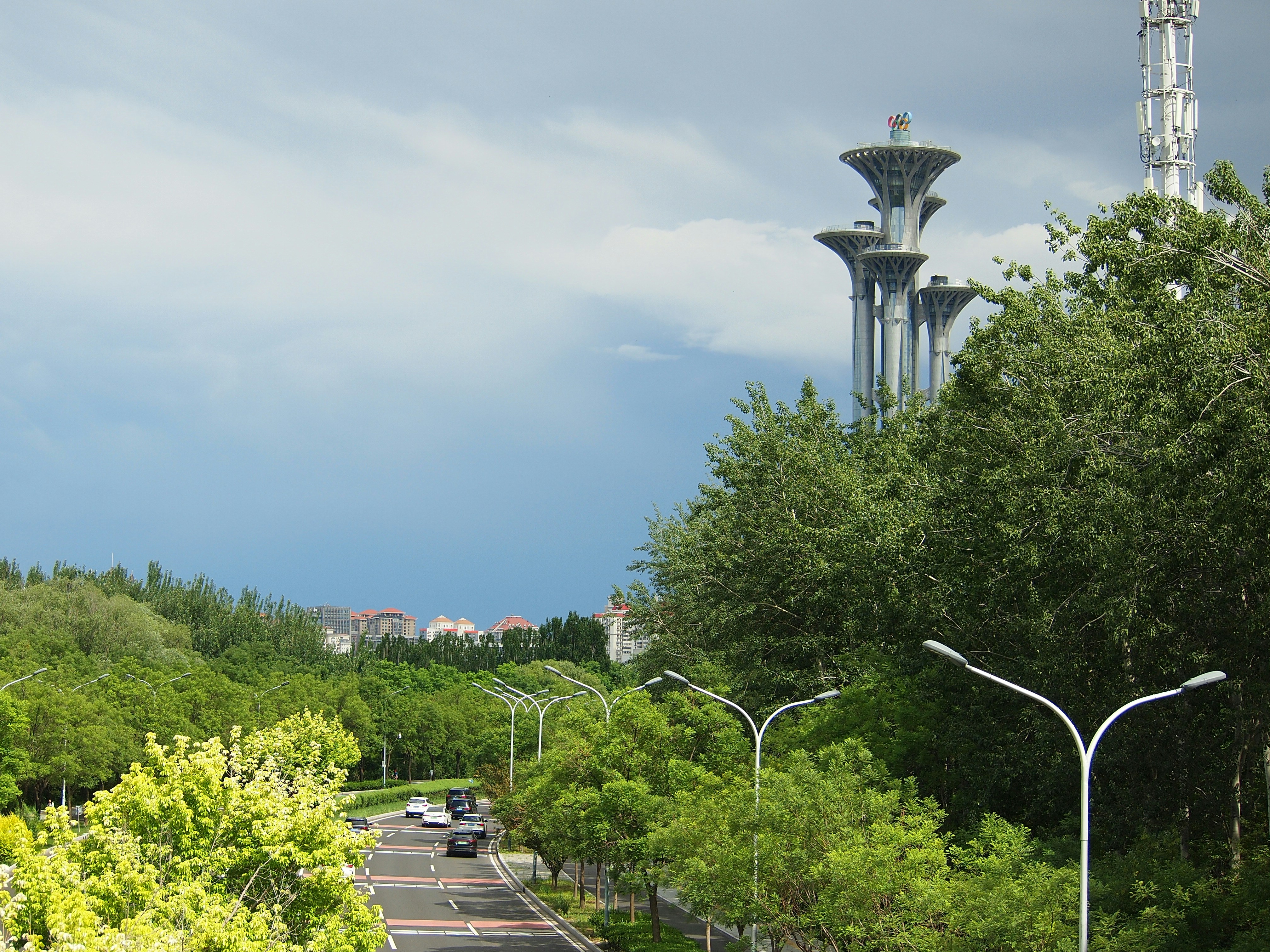 Tree-lined road with modern towers against a cloudy sky.