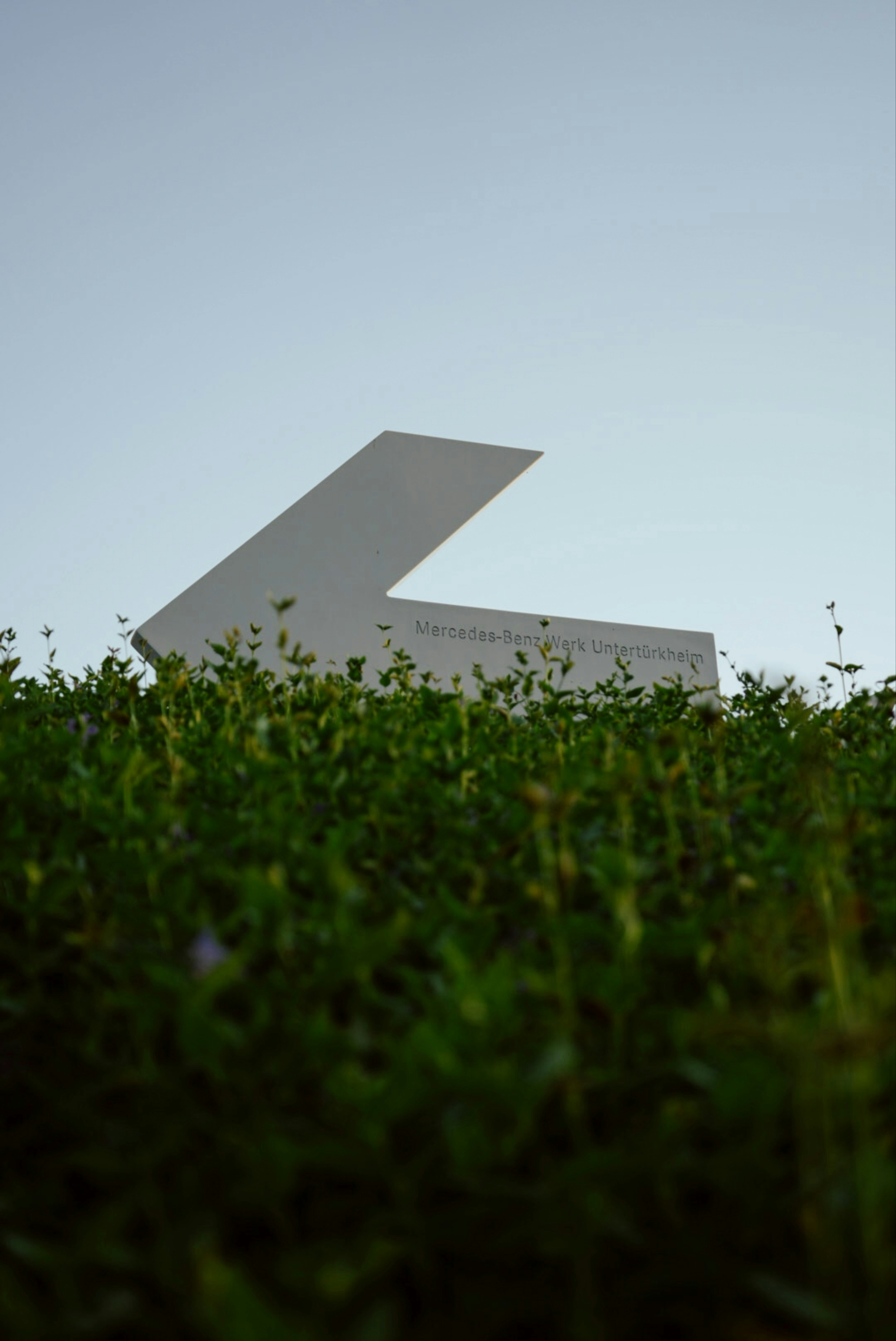 White mercedes-benz arrow sign partially hidden by green plants.