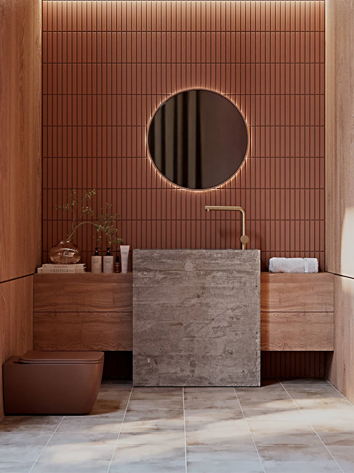 Hand-glazed terracotta tile with a round mirror