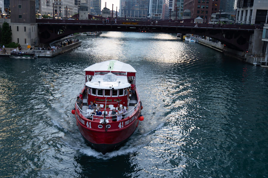 A sightseeing boat travelling through a city