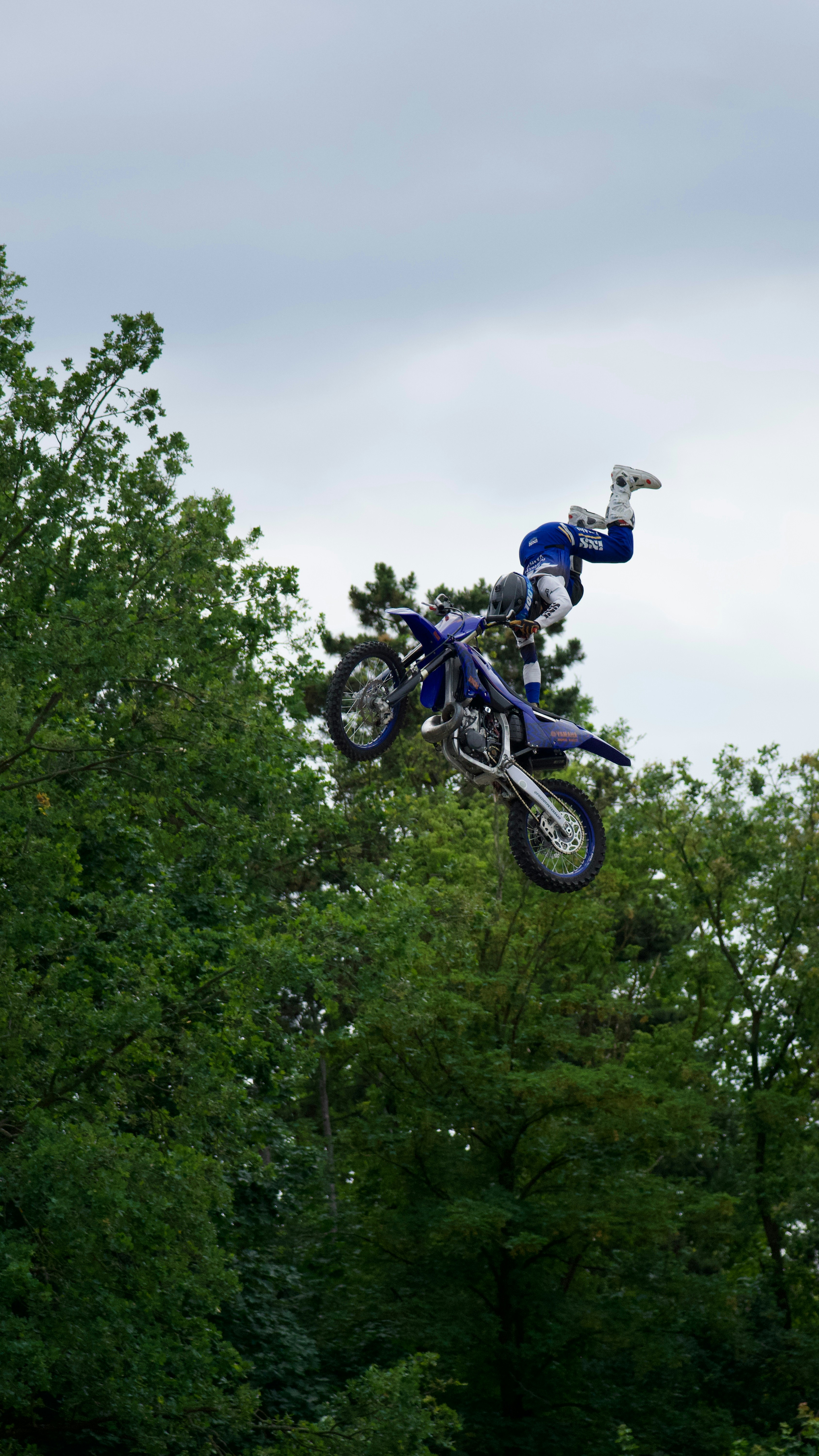 Dirt bike rider performs aerial trick high above green trees.