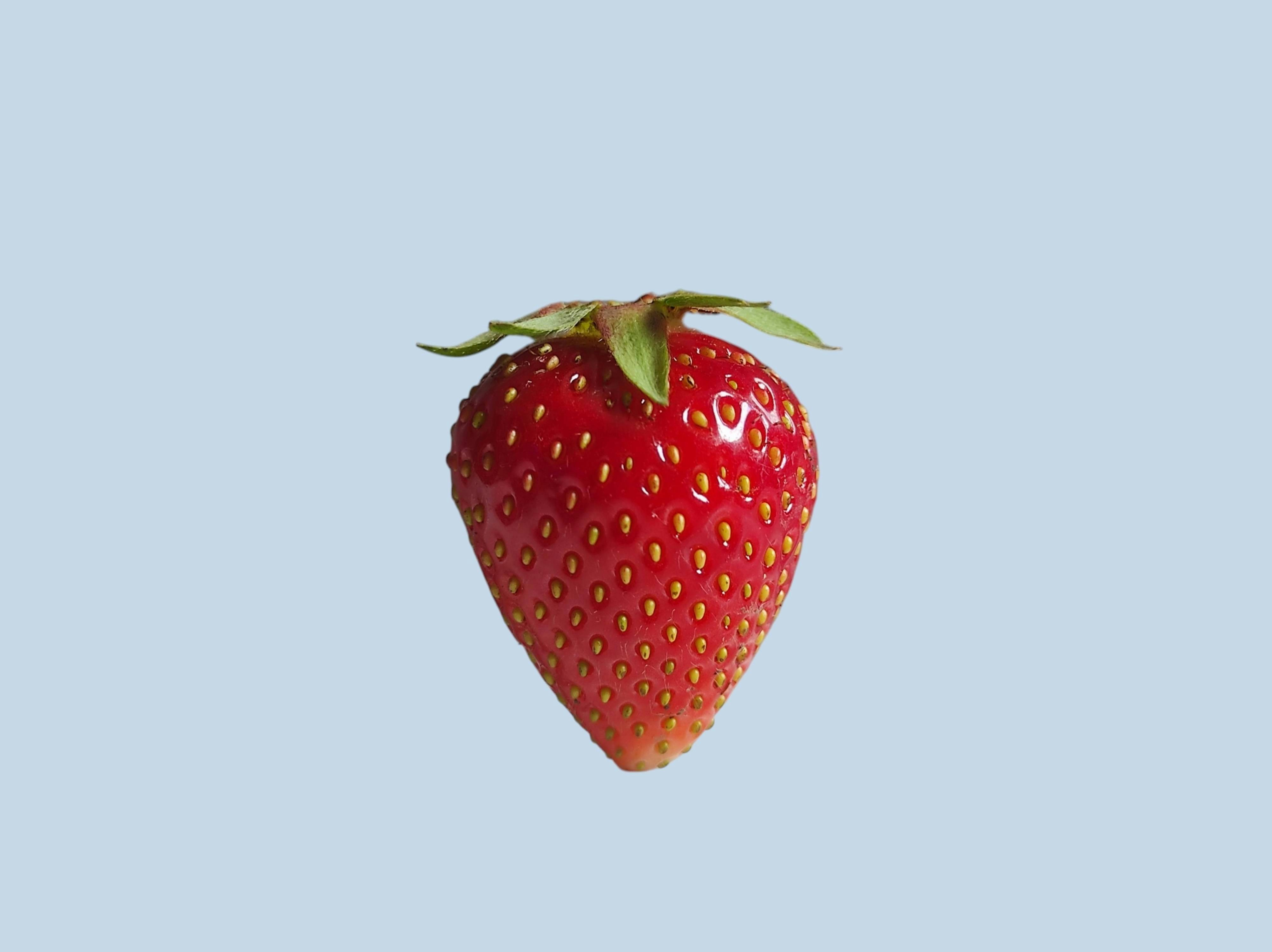 A single ripe red strawberry on a light blue background
