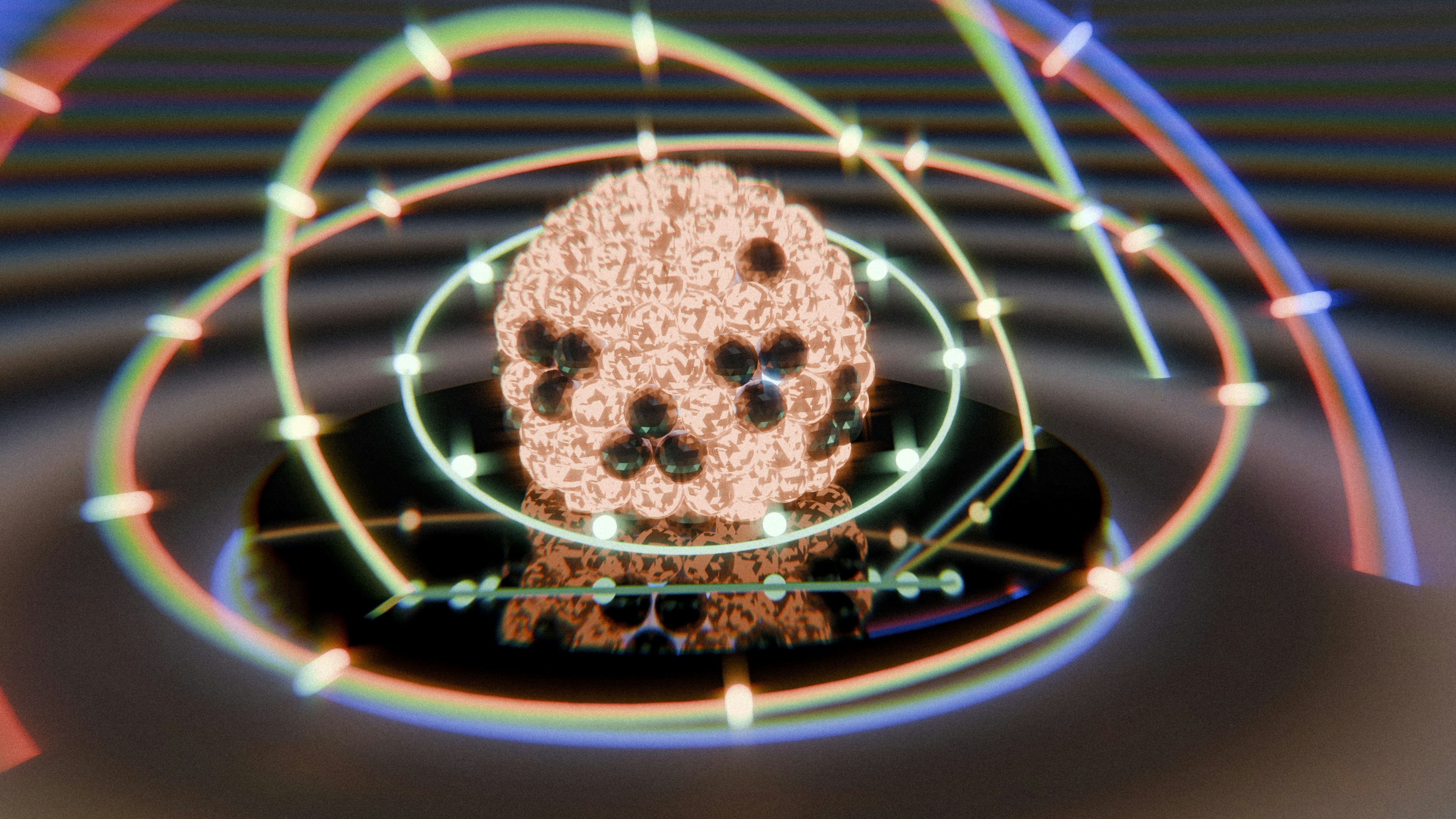 Textured sphere with dark spots and colorful glowing orbits.