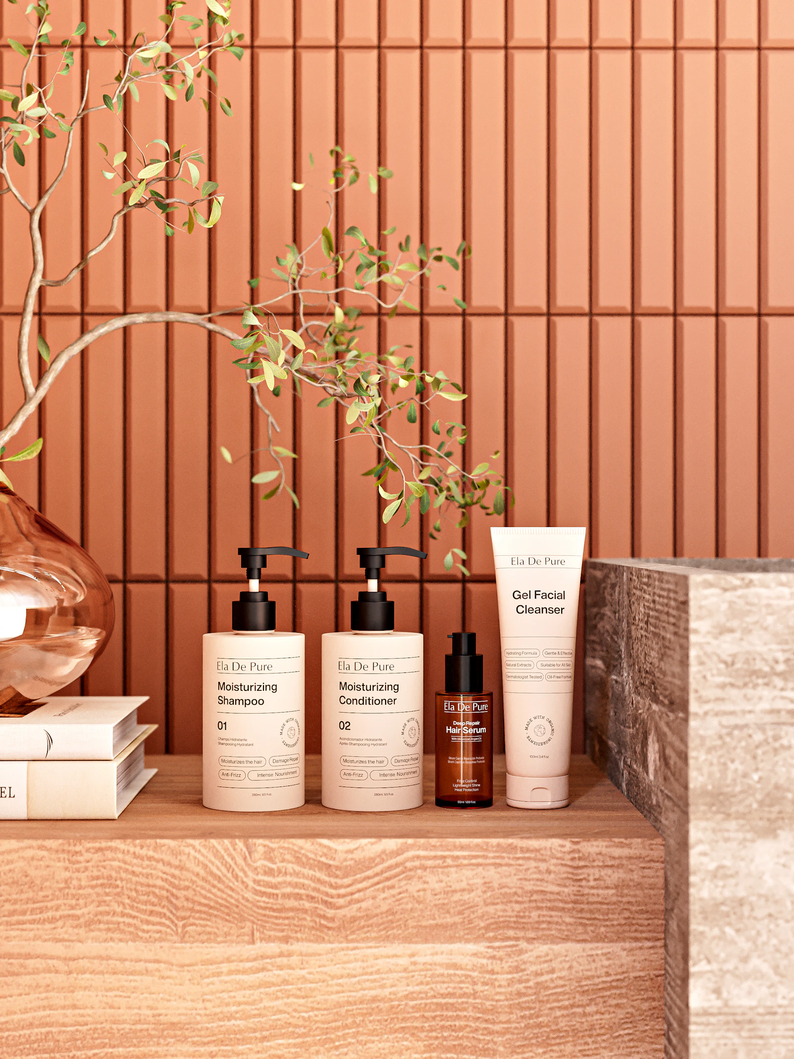 Skincare bottles on a warm terracotta shelf