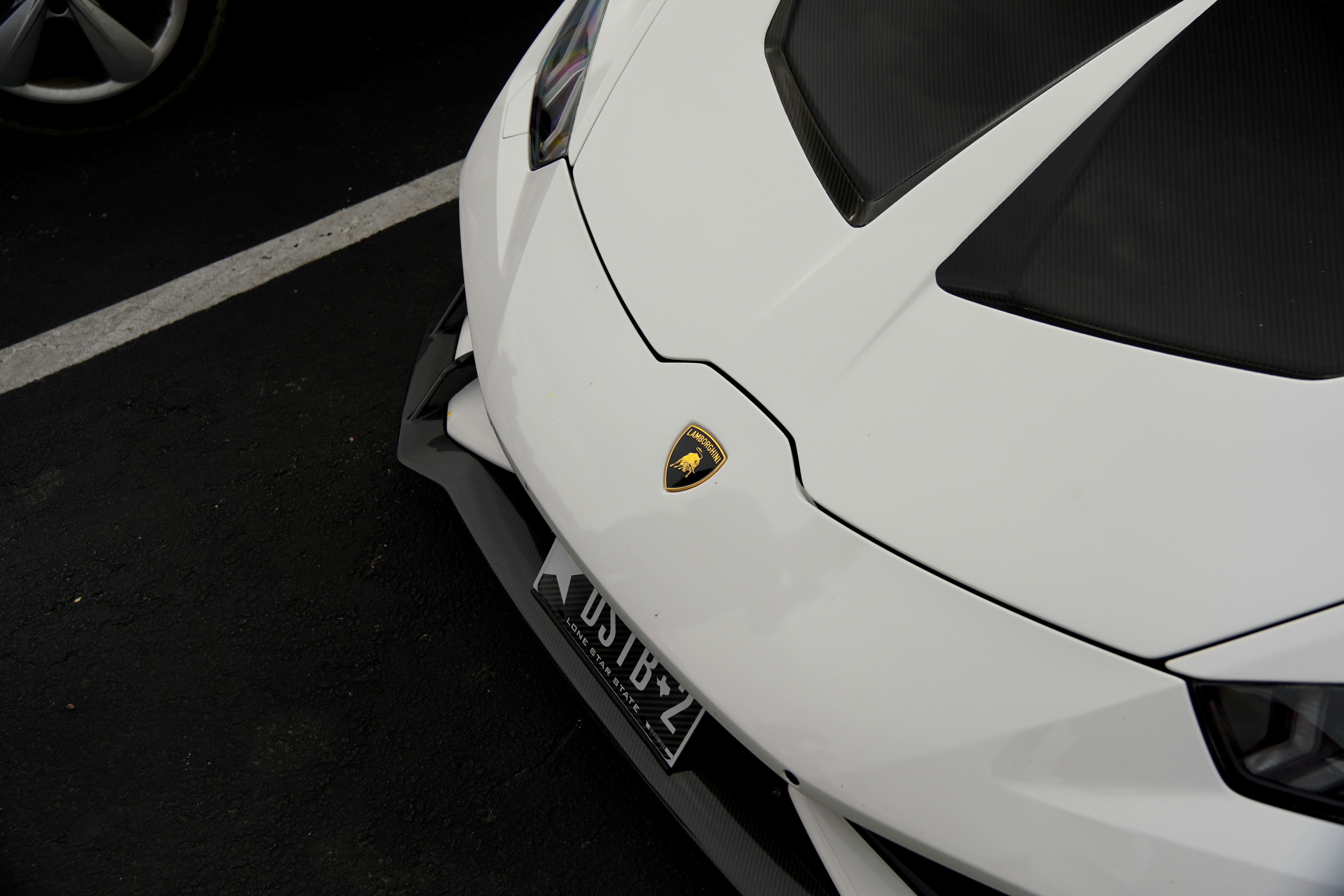 Una Lamborghini bianca con il suo emblema e targa.