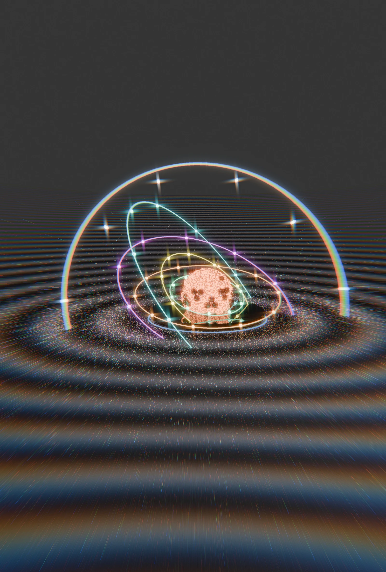 Colorful visualization of gravitational ripples spreading outward through spacetime