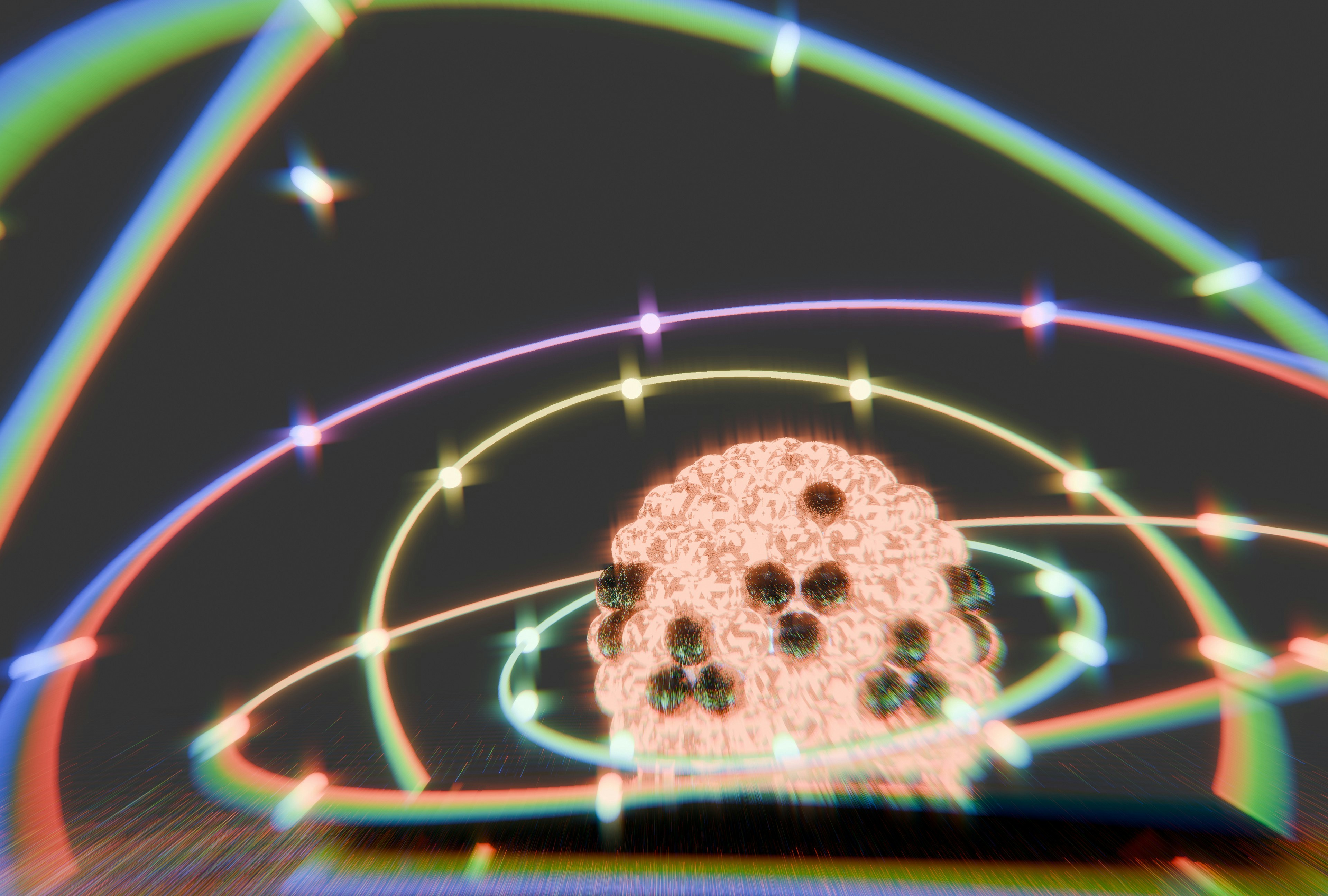 Colorful orbiting rings around a central atom-like structure.