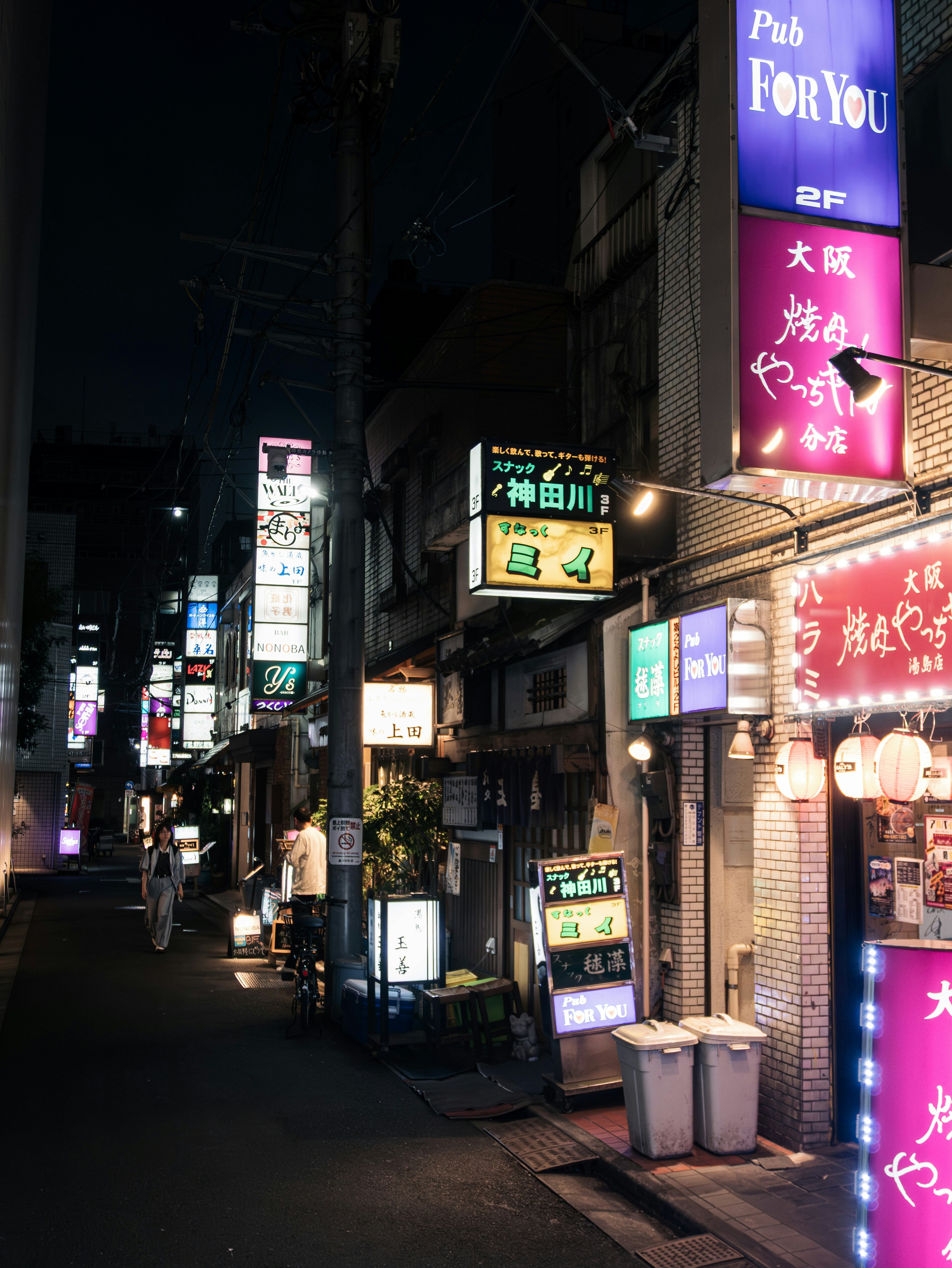 Vibrant neon signs light a narrow japanese street at night