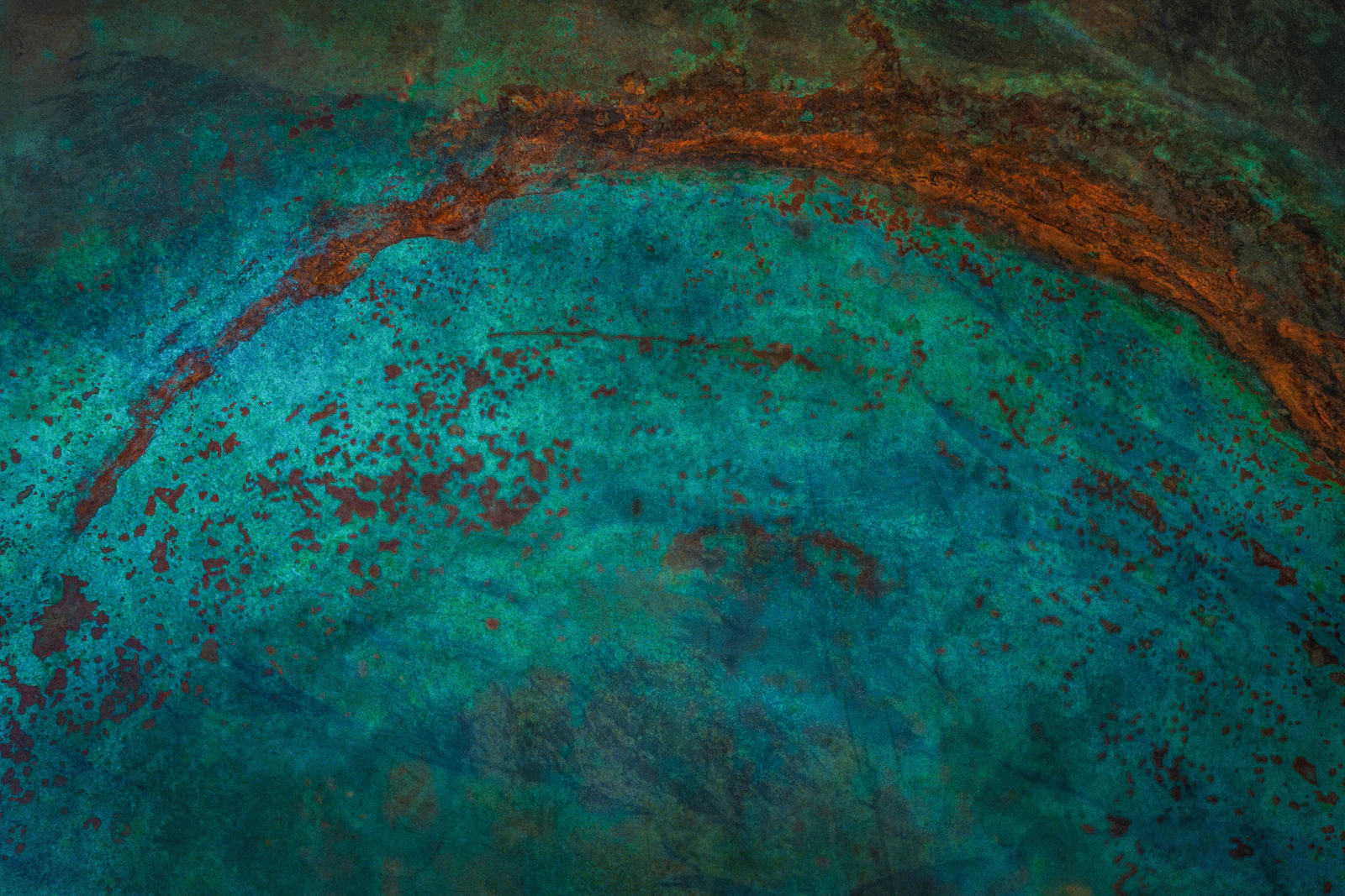 Verdigris copper surface, mottled turquoise and rust