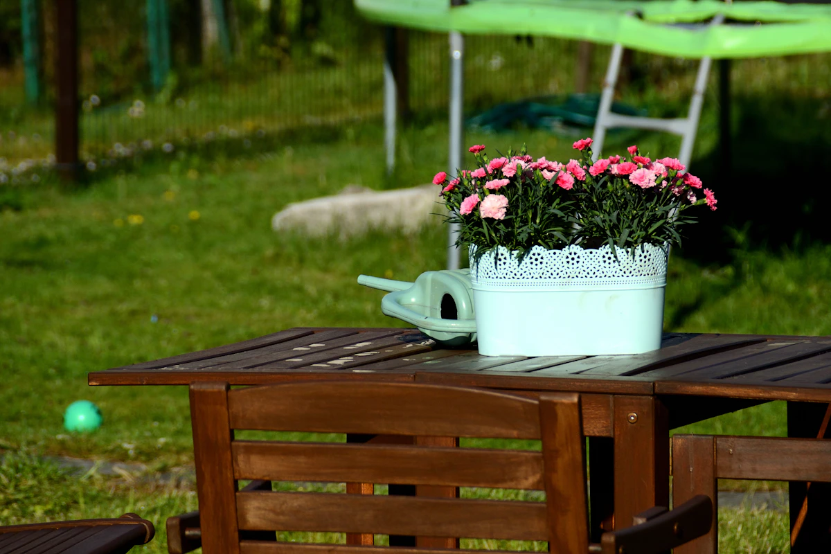 Garden table with flowers for gathering