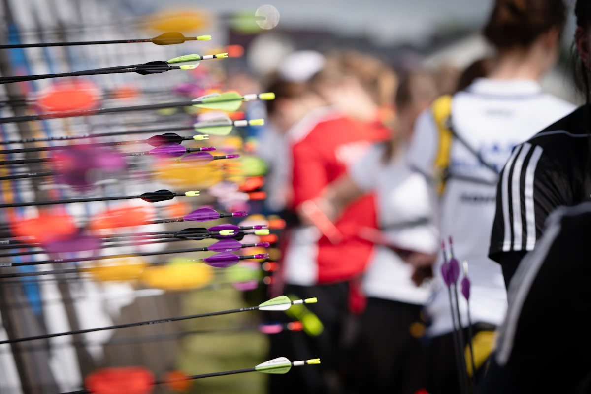 Archery arrows lined up in a row