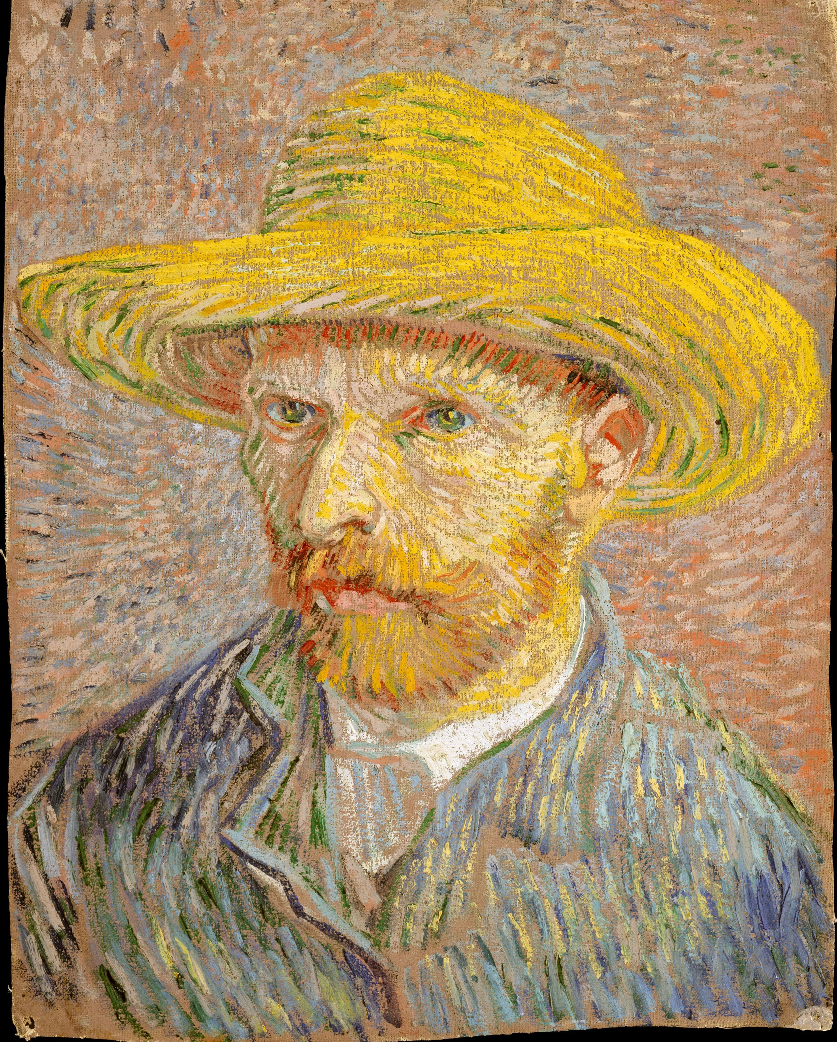 Painting of a bearded man wearing a yellow straw hat.