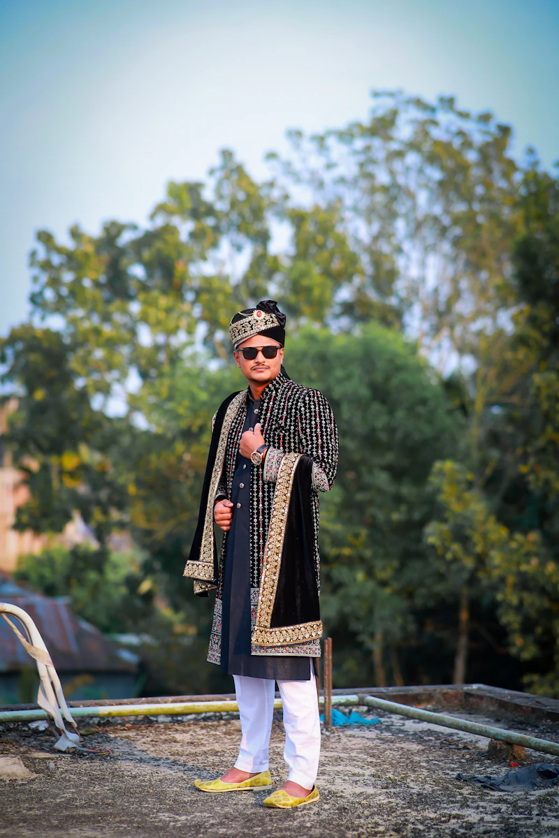 Indian male model in traditional sherwani and festive ensemble