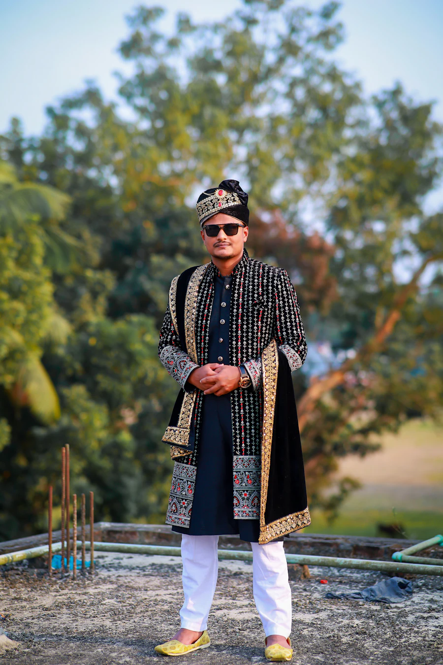 Groom kurta set with gold embroidery and turban