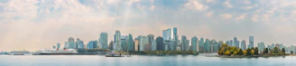 Panoramic city skyline reflected in calm water
