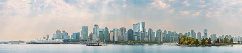 Panoramic city skyline reflected in calm water