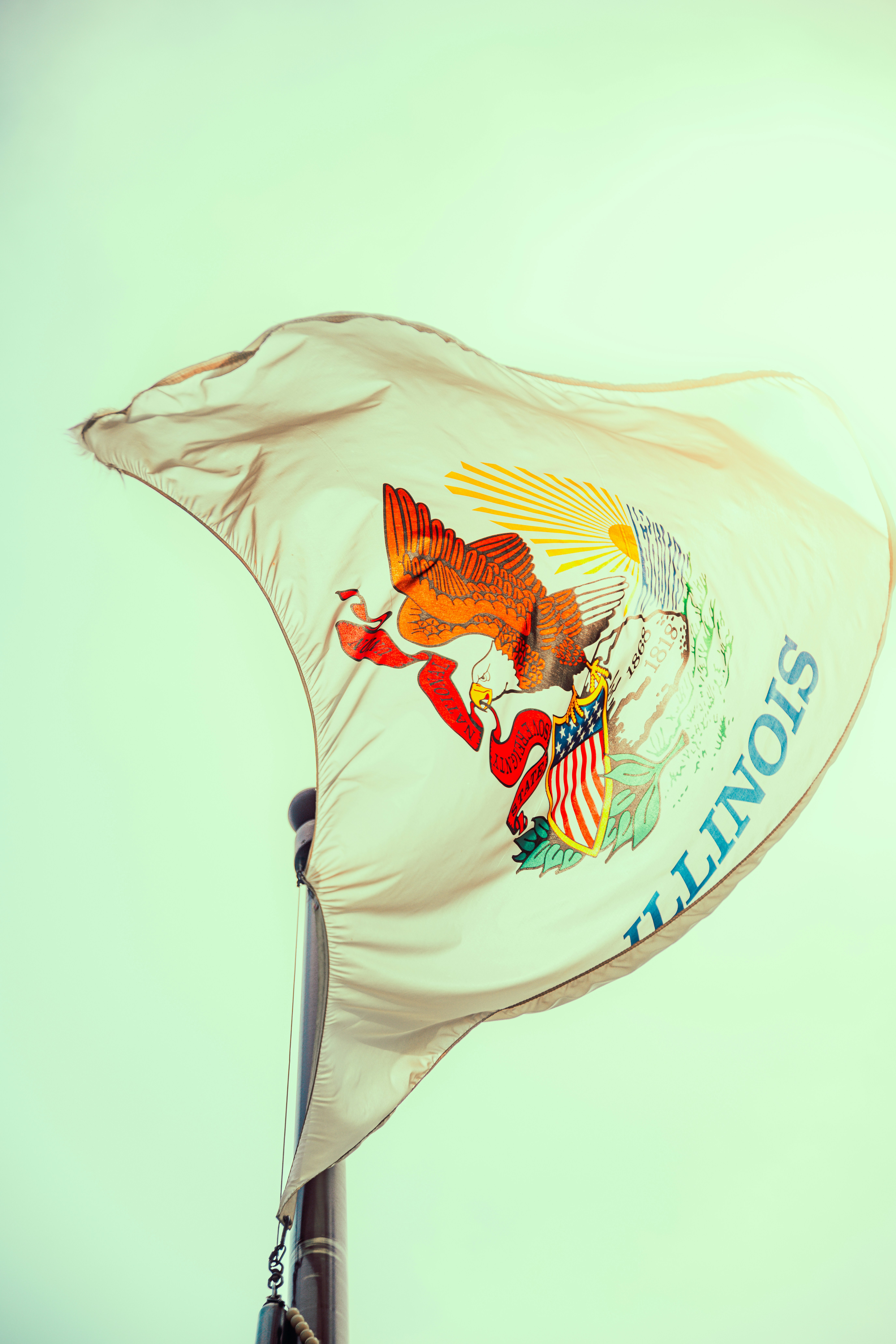Bendera negara bagian illinois berkibar di langit biru muda.