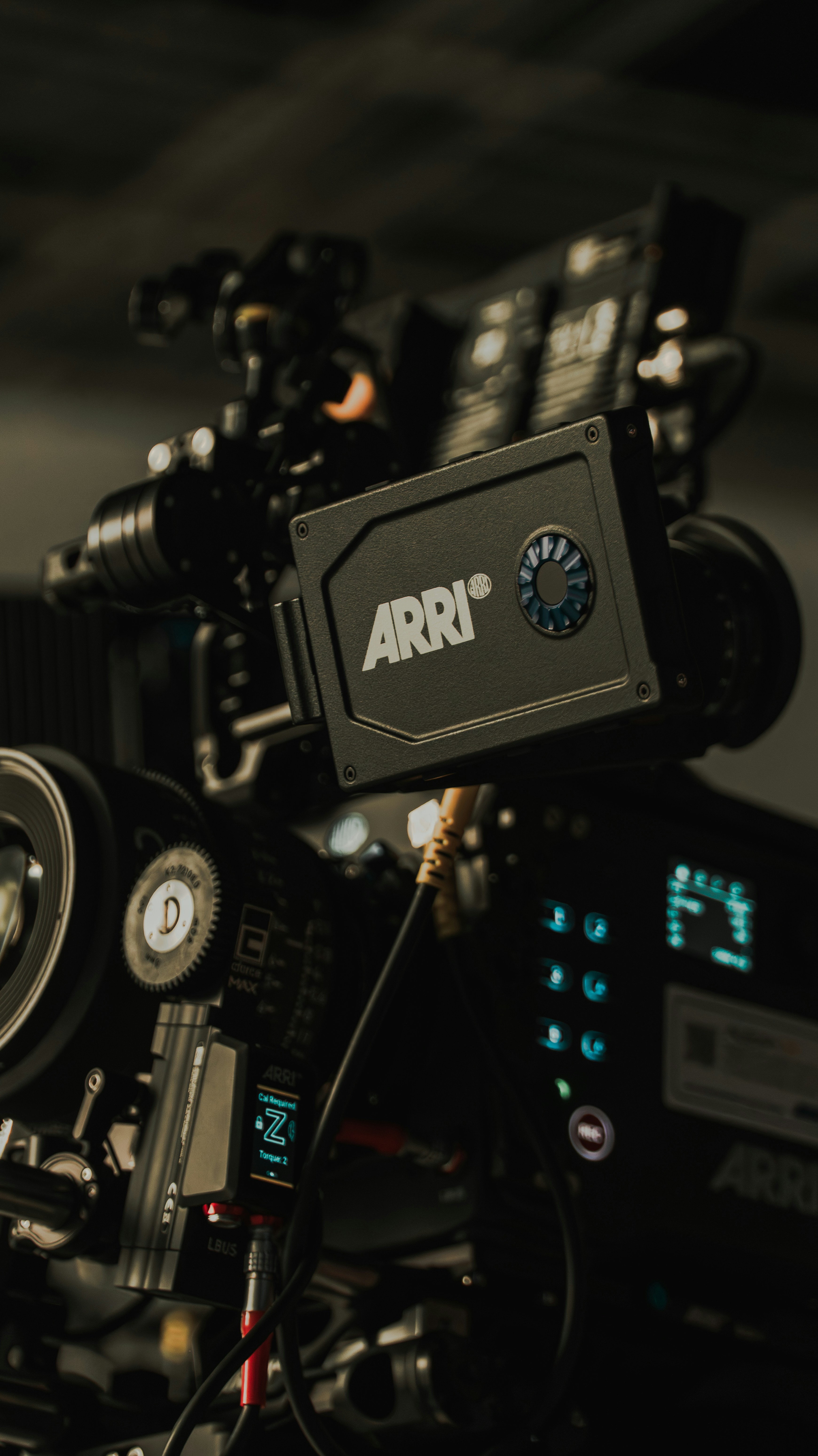 A professional arri cinema camera with various components.