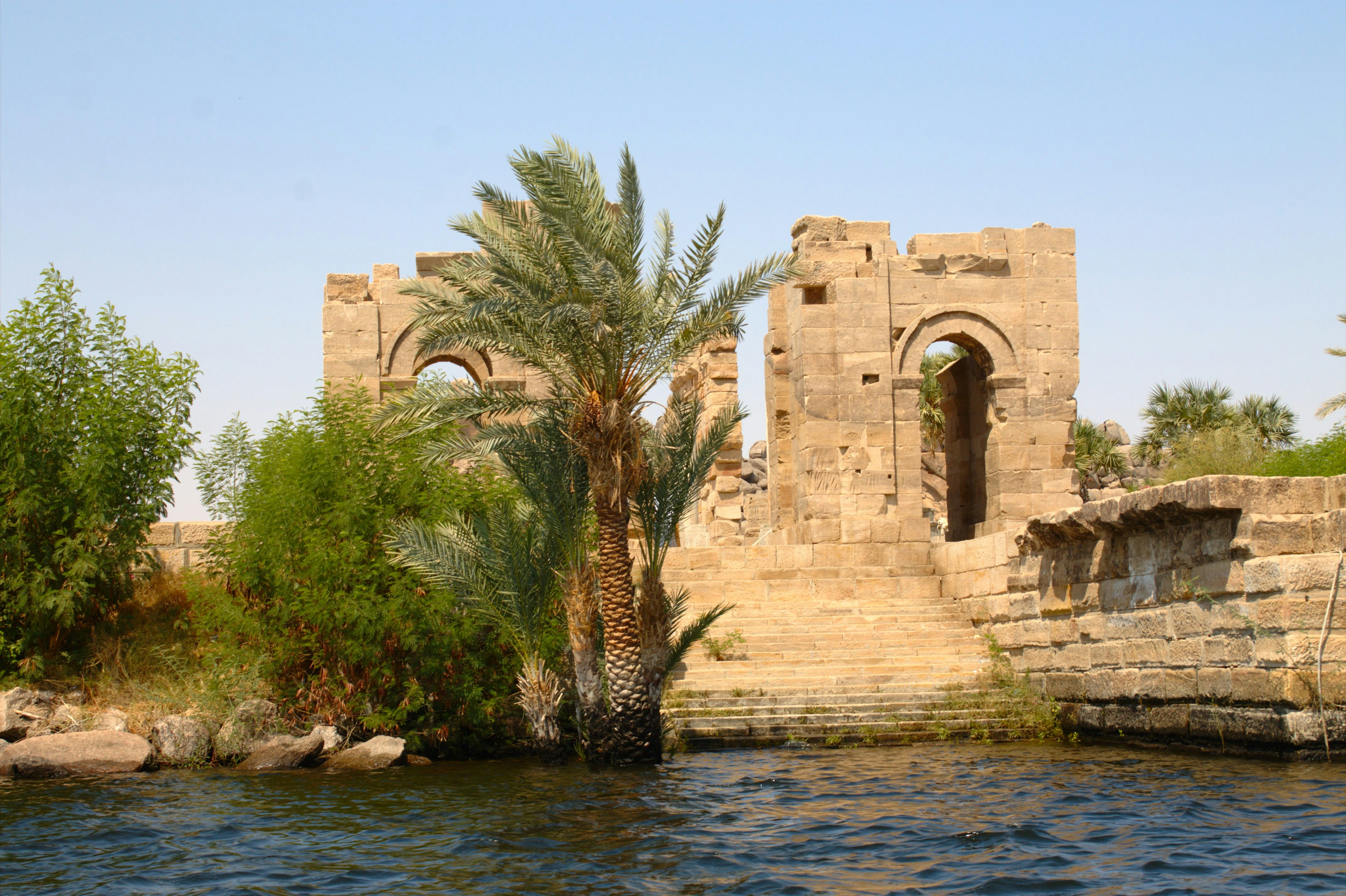 Ancient stone ruins beside a river with palm trees.