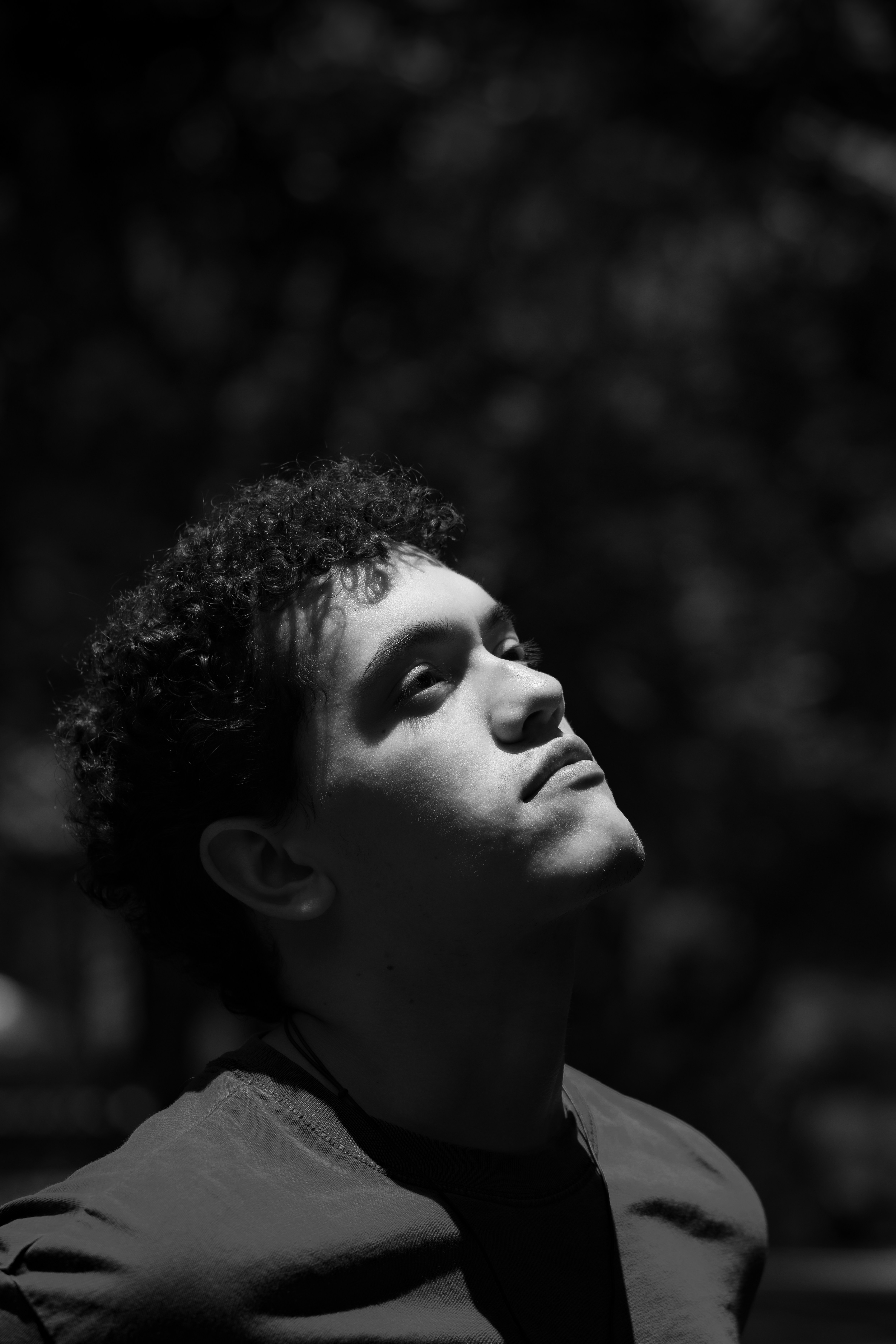 A person with curly hair looks up, their face illuminated
