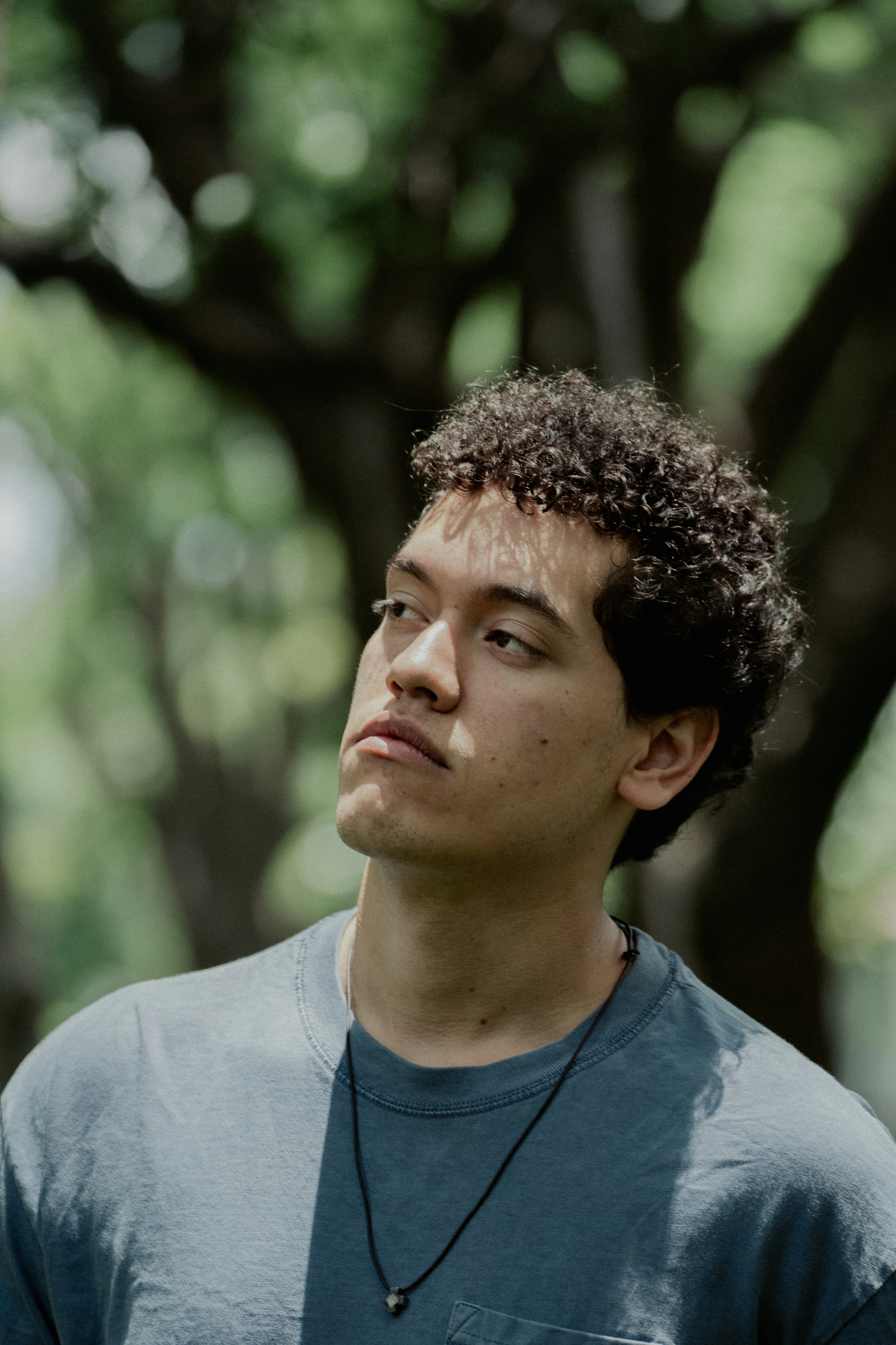 A young man with curly hair looking up outdoors
